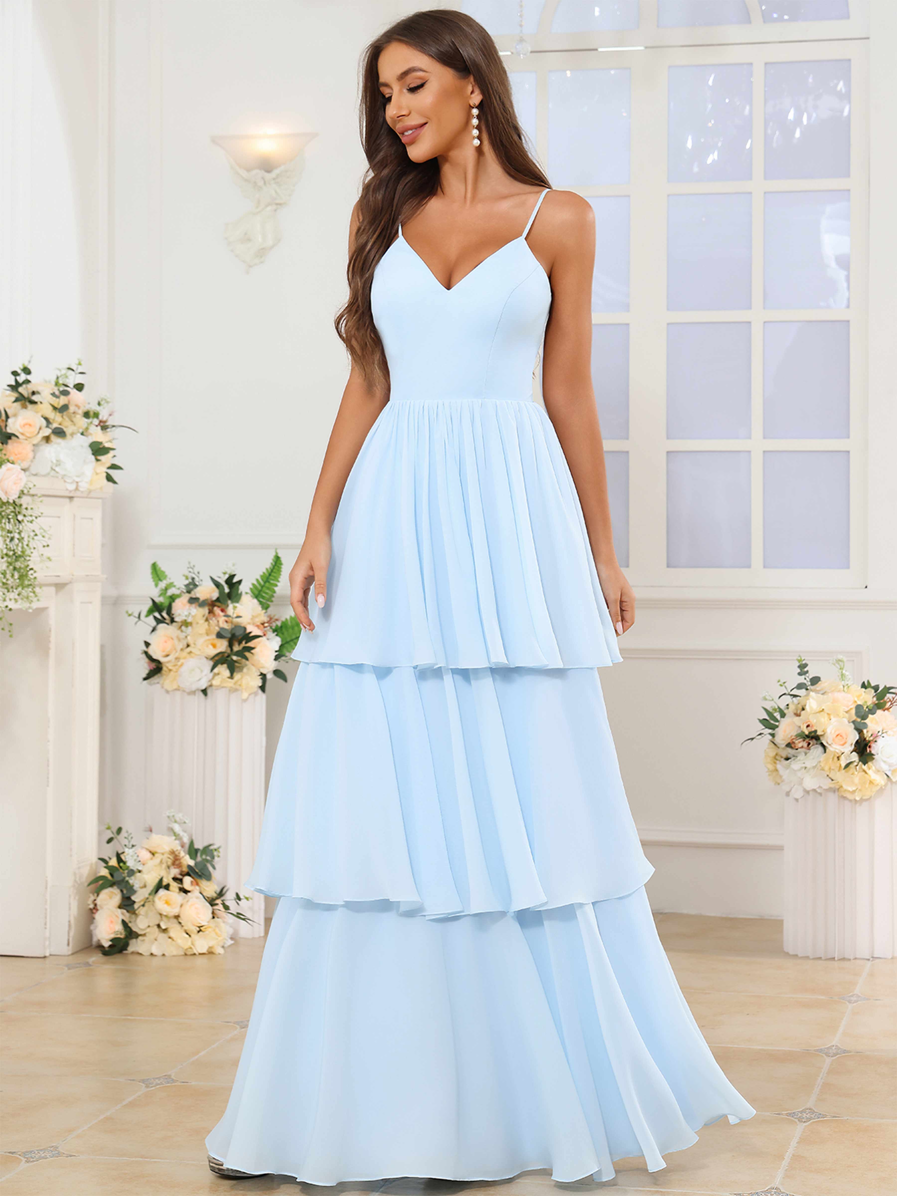 ROVDESY V-Neck Spaghetti Straps Tiered Chiffon Bridesmaid Dress With Ruffles