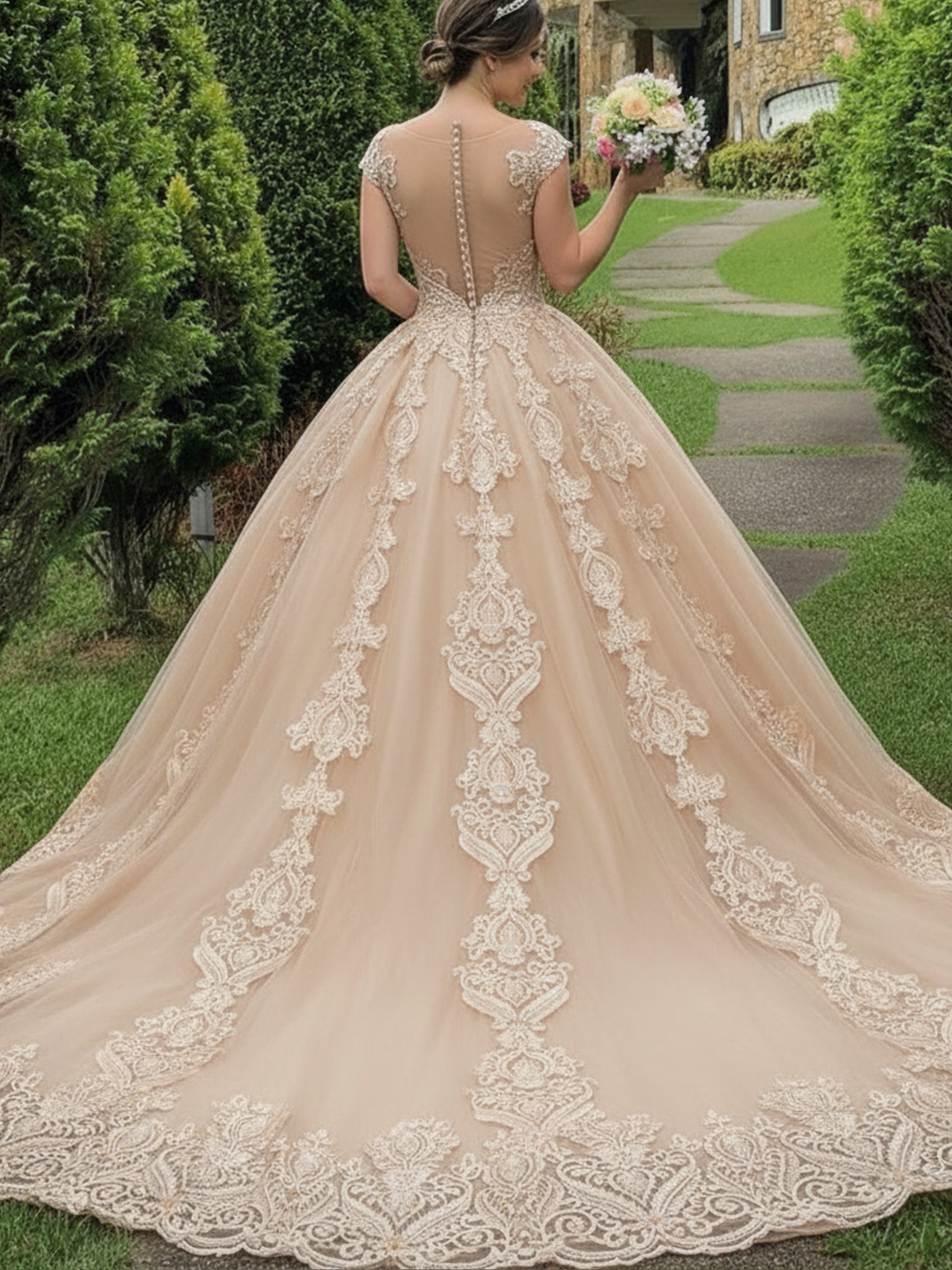 ROVDESY Cap Sleeve Illusion Lace Applique Ball Gown Wedding Dress for Bride