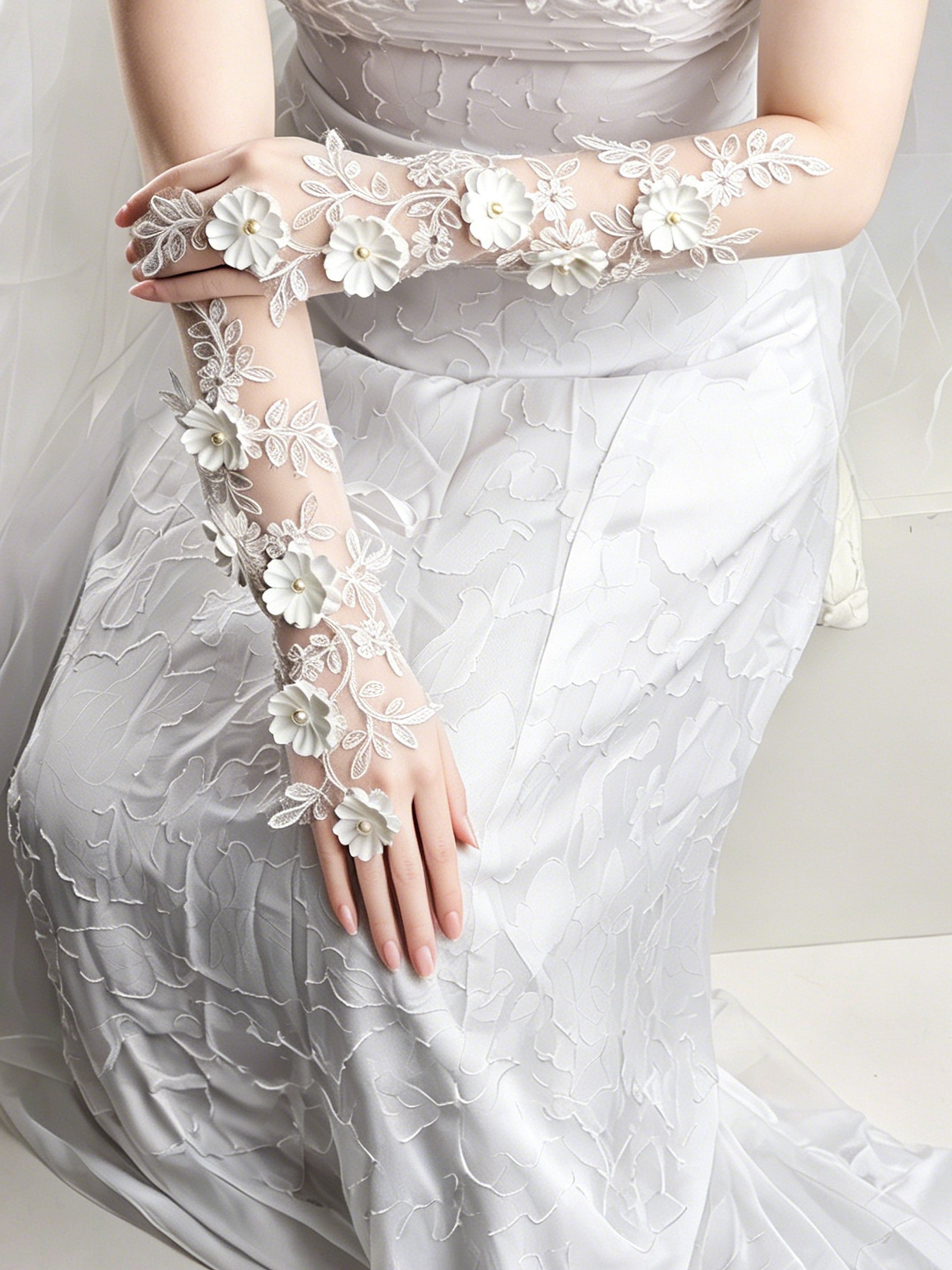 ROVDESY Delicate 3D Floral Lace Sheer Bridal Gloves with Pearl Details