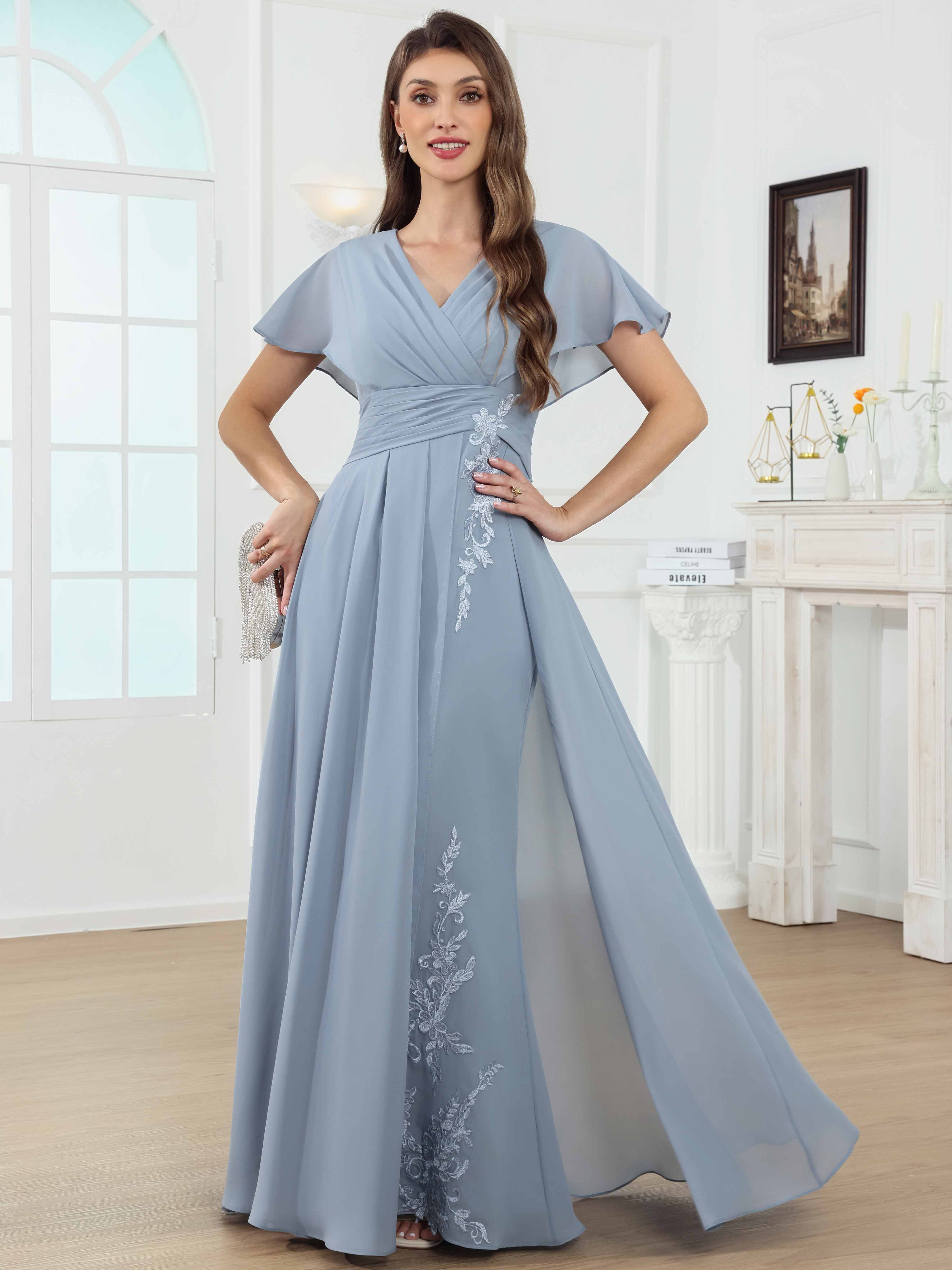 ROVDESY A-Line V-Neck Pleated Lace Chiffon Mother Of The Bride Dress With Short Sleeves