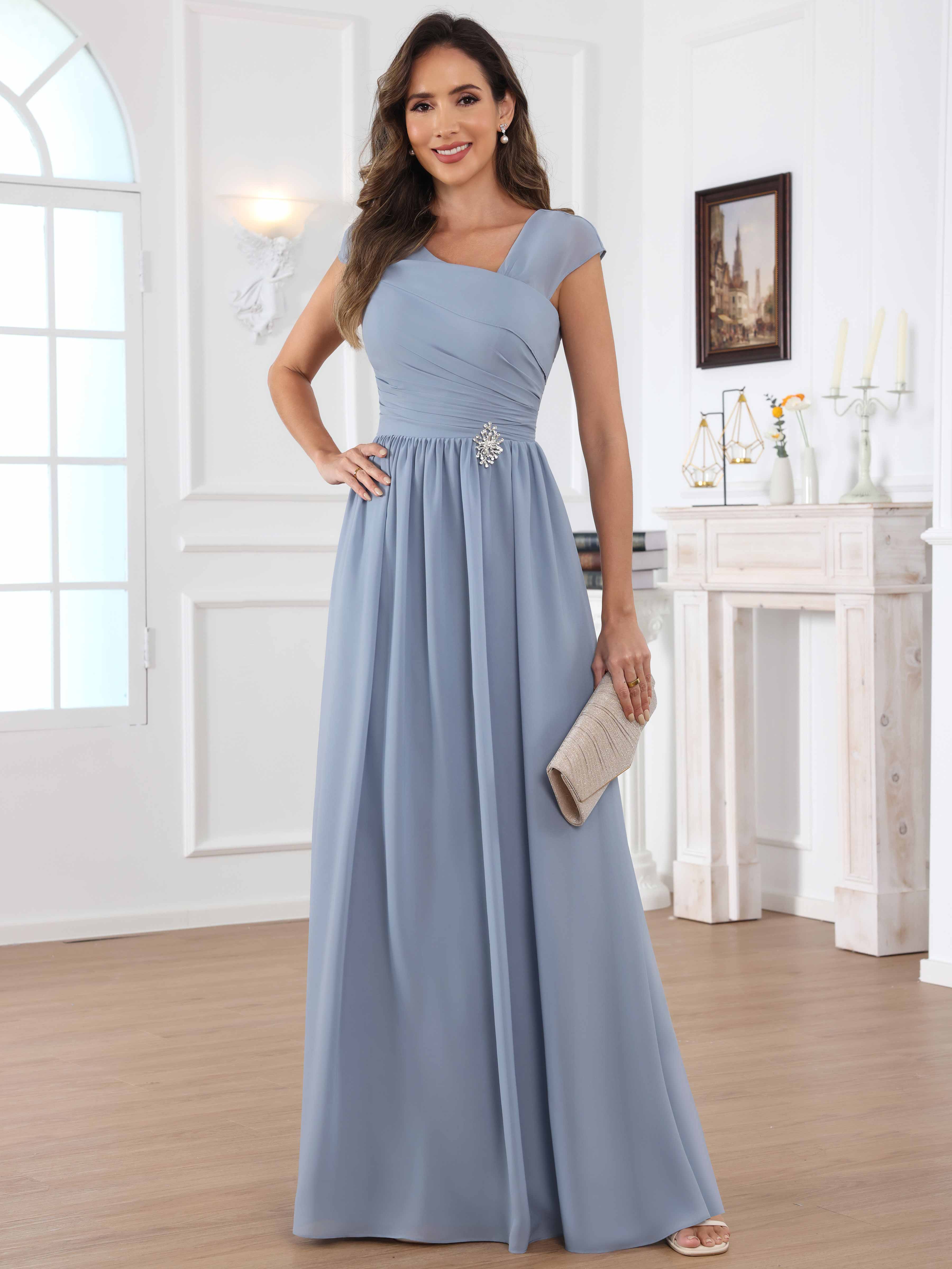 ROVDESY A-Line Cap Sleeves Pleated Chiffon Mother Of The Bride Dress