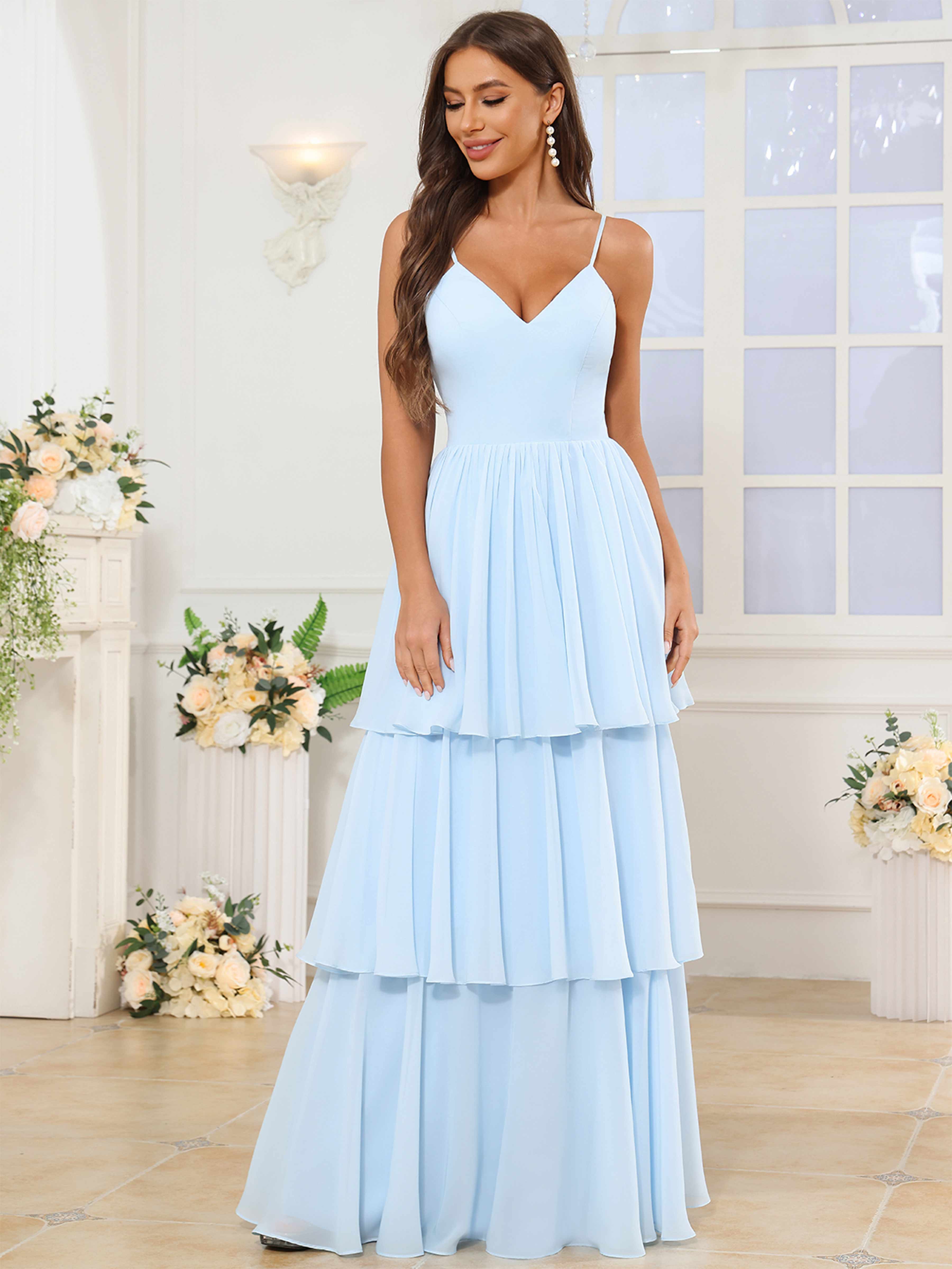 ROVDESY V-Neck Spaghetti Straps Tiered Chiffon Bridesmaid Dress With Ruffles