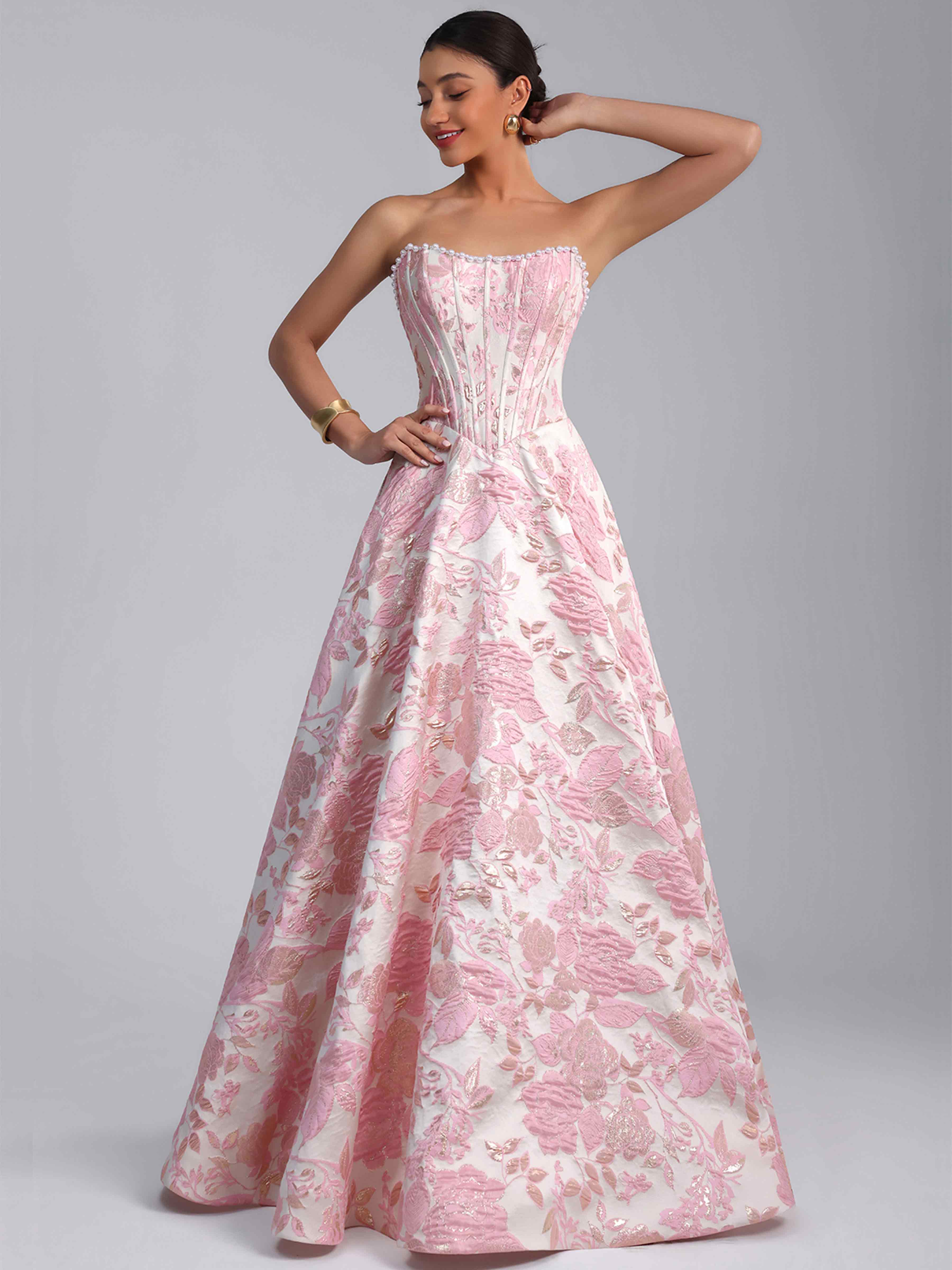ROVDESY A-Line Strapless Jacquard Satin Prom Dress Long Ball Gown