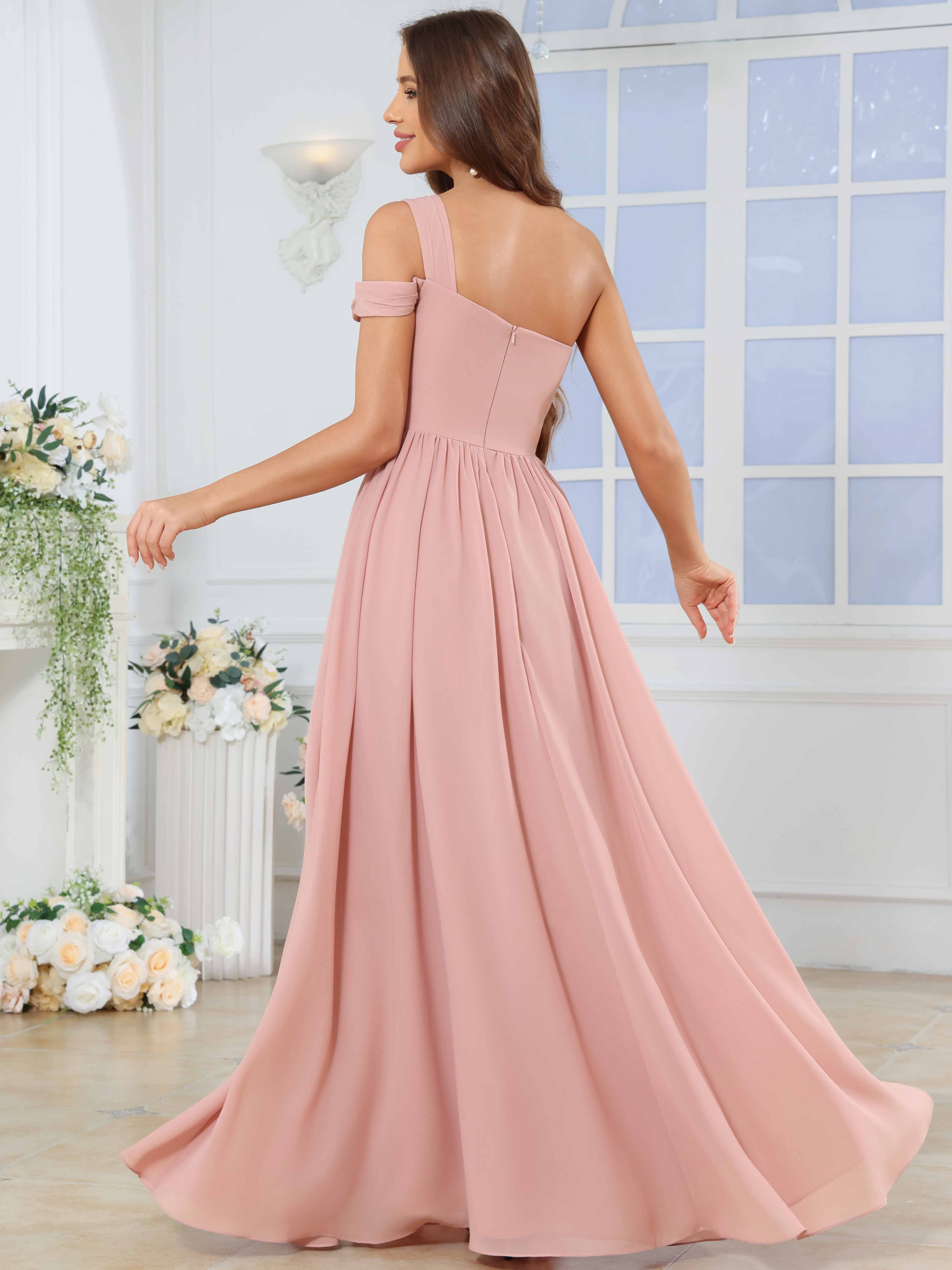 ROVDESY One Shoulder Pleated Chiffon Bridesmaid Dress With Slit