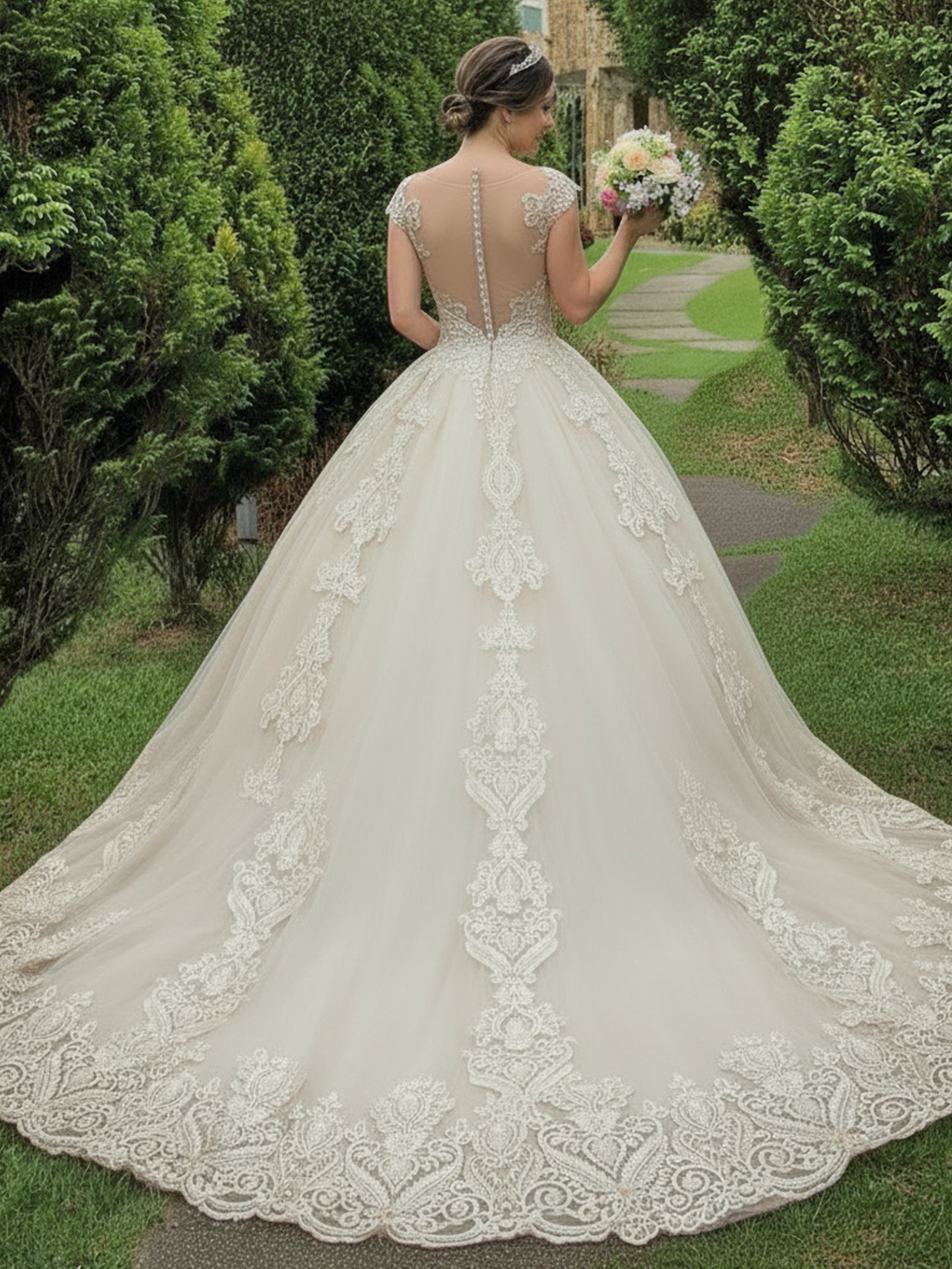 ROVDESY Cap Sleeve Illusion Lace Applique Ball Gown Wedding Dress for Bride
