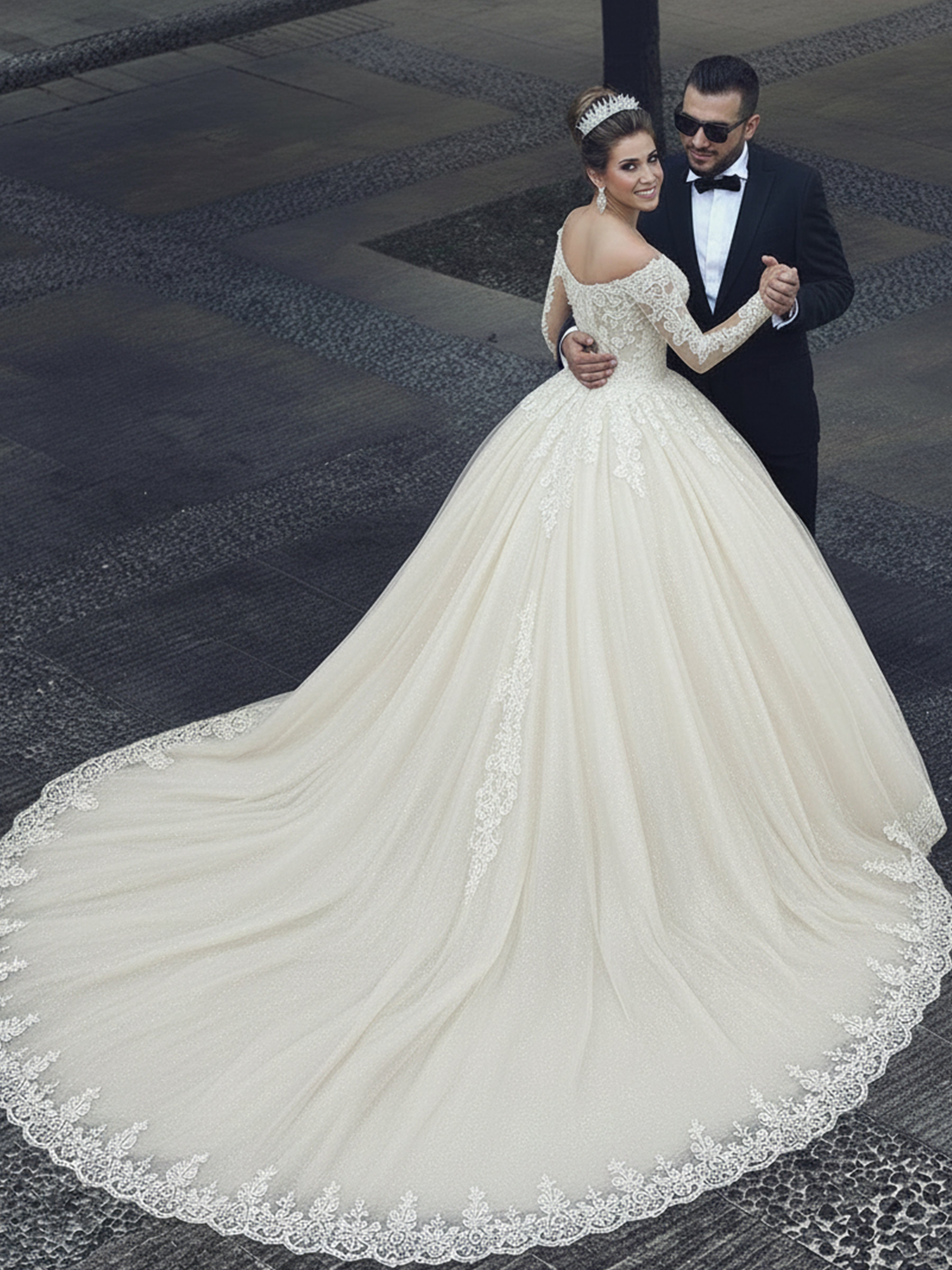 ROVDESY Off The Shoulder Long Sleeve Lace Appliques Ball Gown Wedding Dress with Cathedral Train