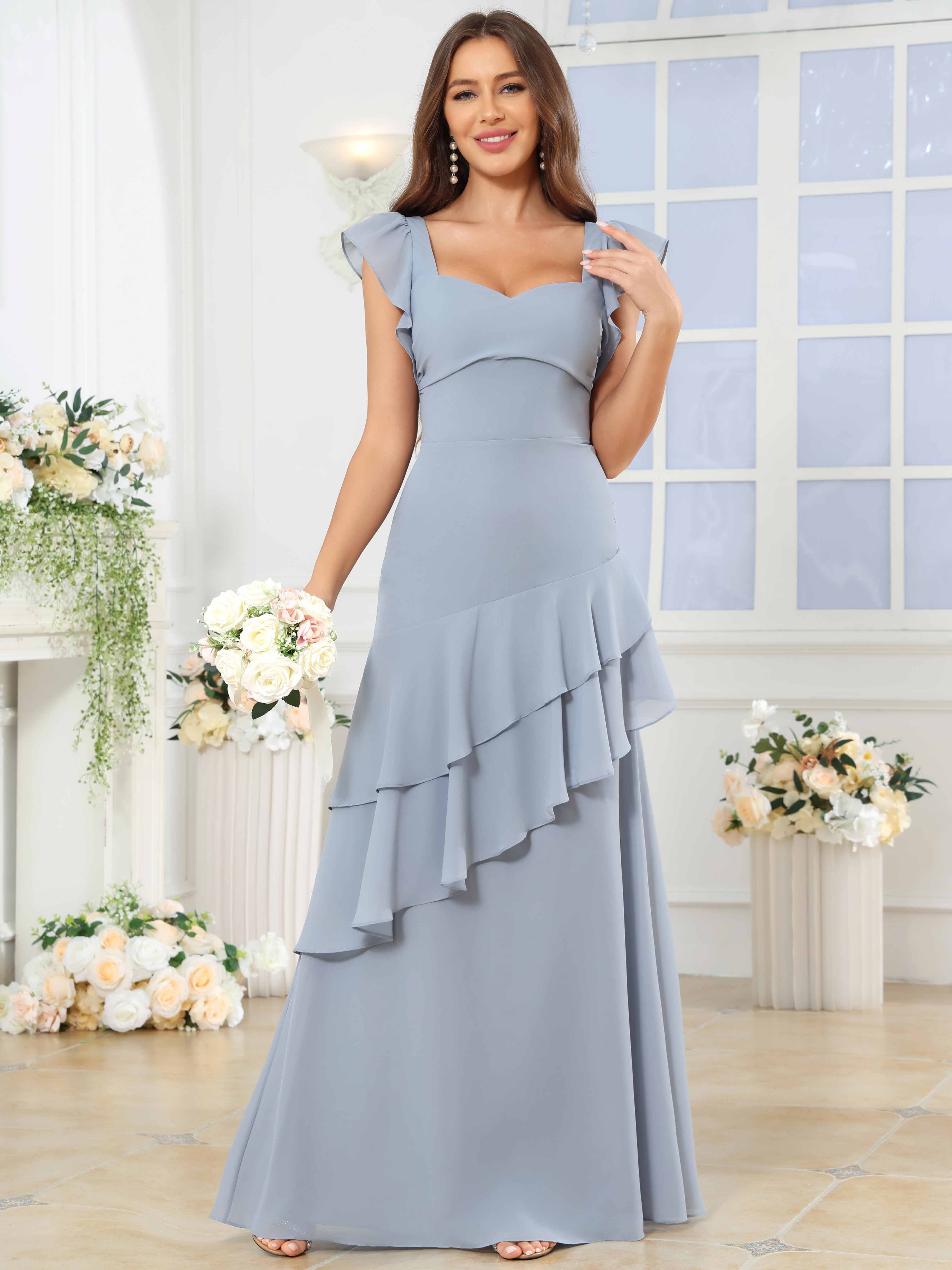 ROVDESY Sweetheart Tiered Ruffle Chiffon Bridesmaid Dress With Short Sleeves