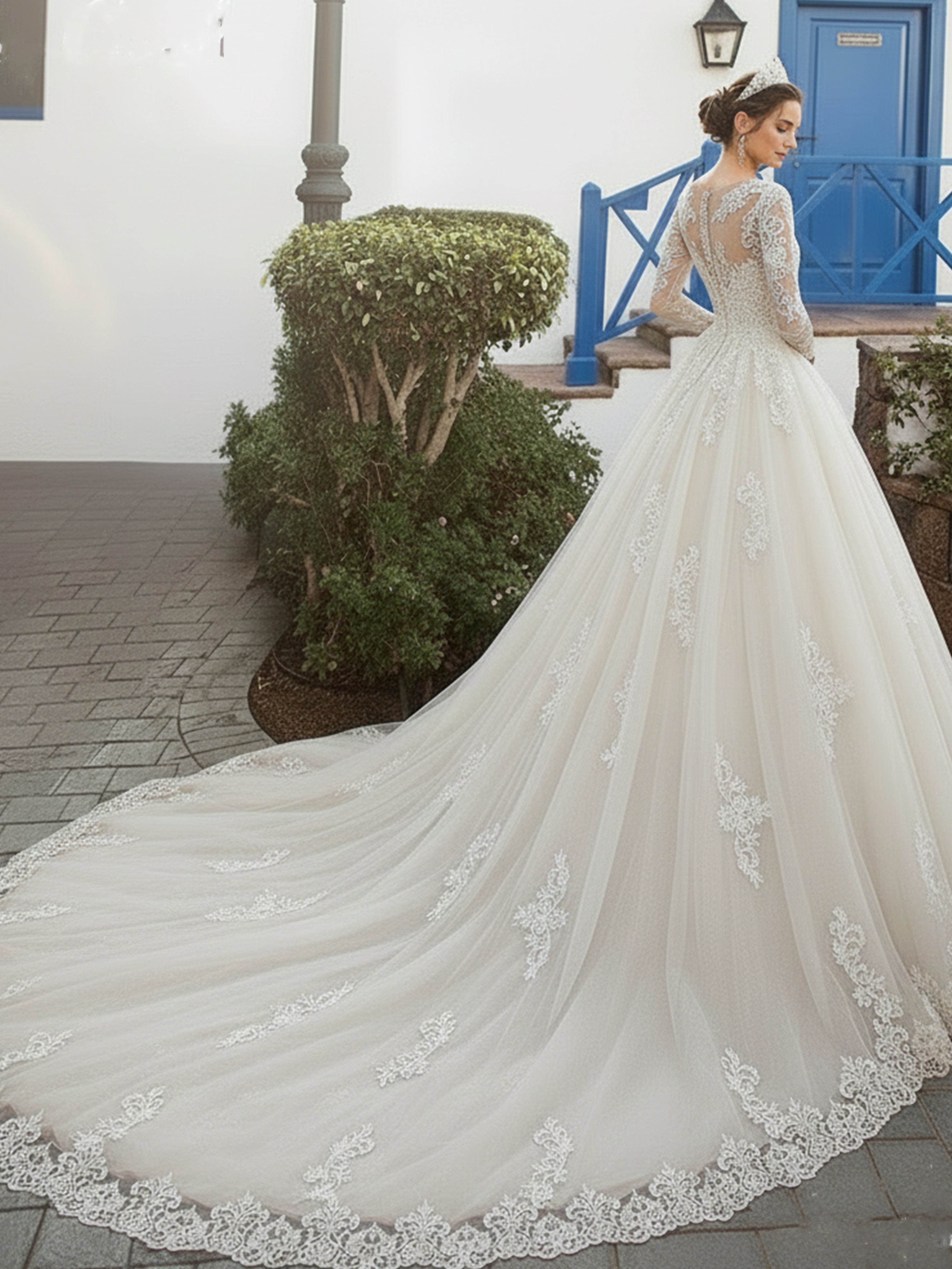 ROVDESY Long Sleeve Illusion Neck Lace A-Line Wedding Dress with Cathedral Train