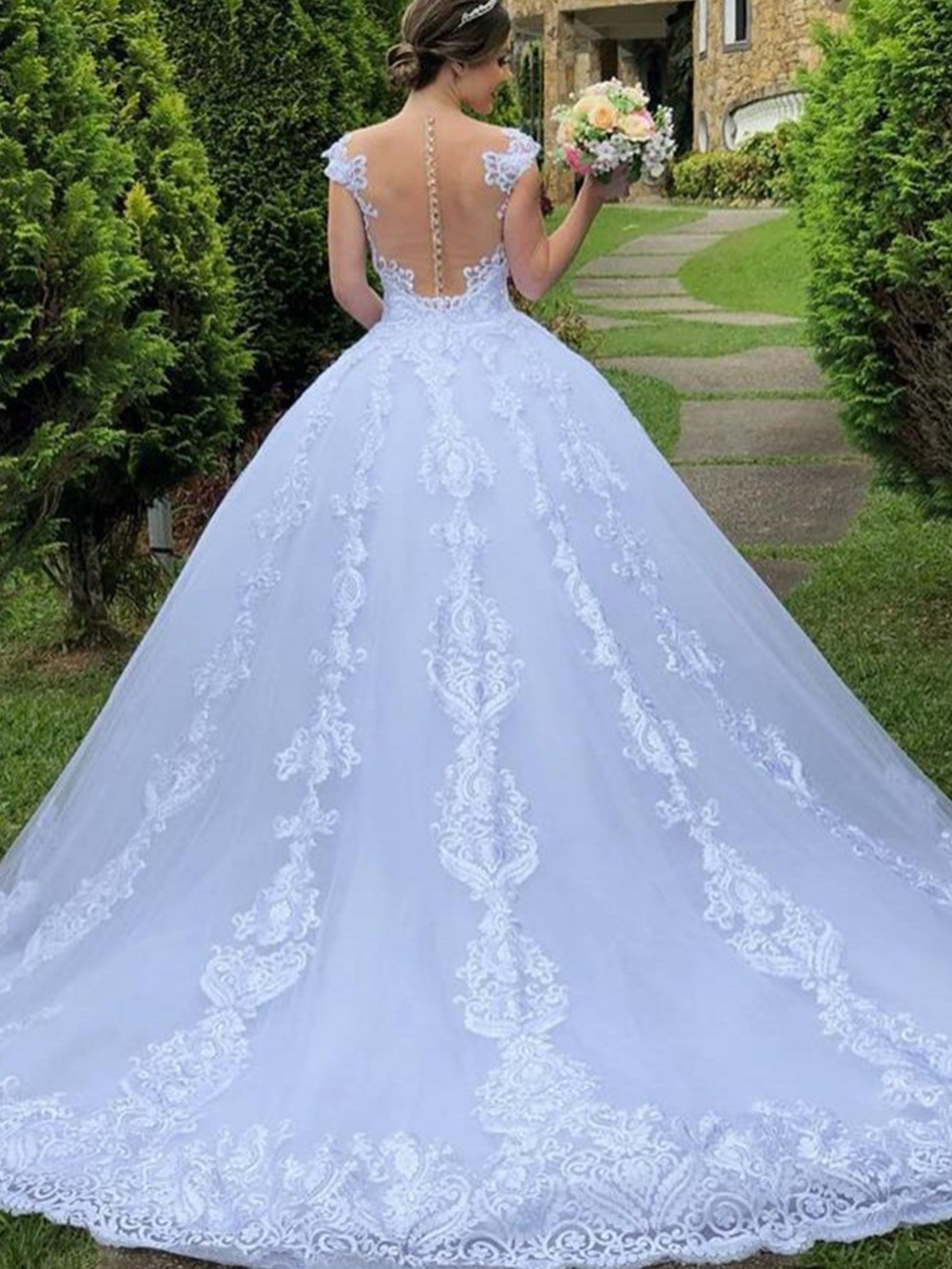 ROVDESY Cap Sleeve Illusion Lace Applique Ball Gown Wedding Dress for Bride