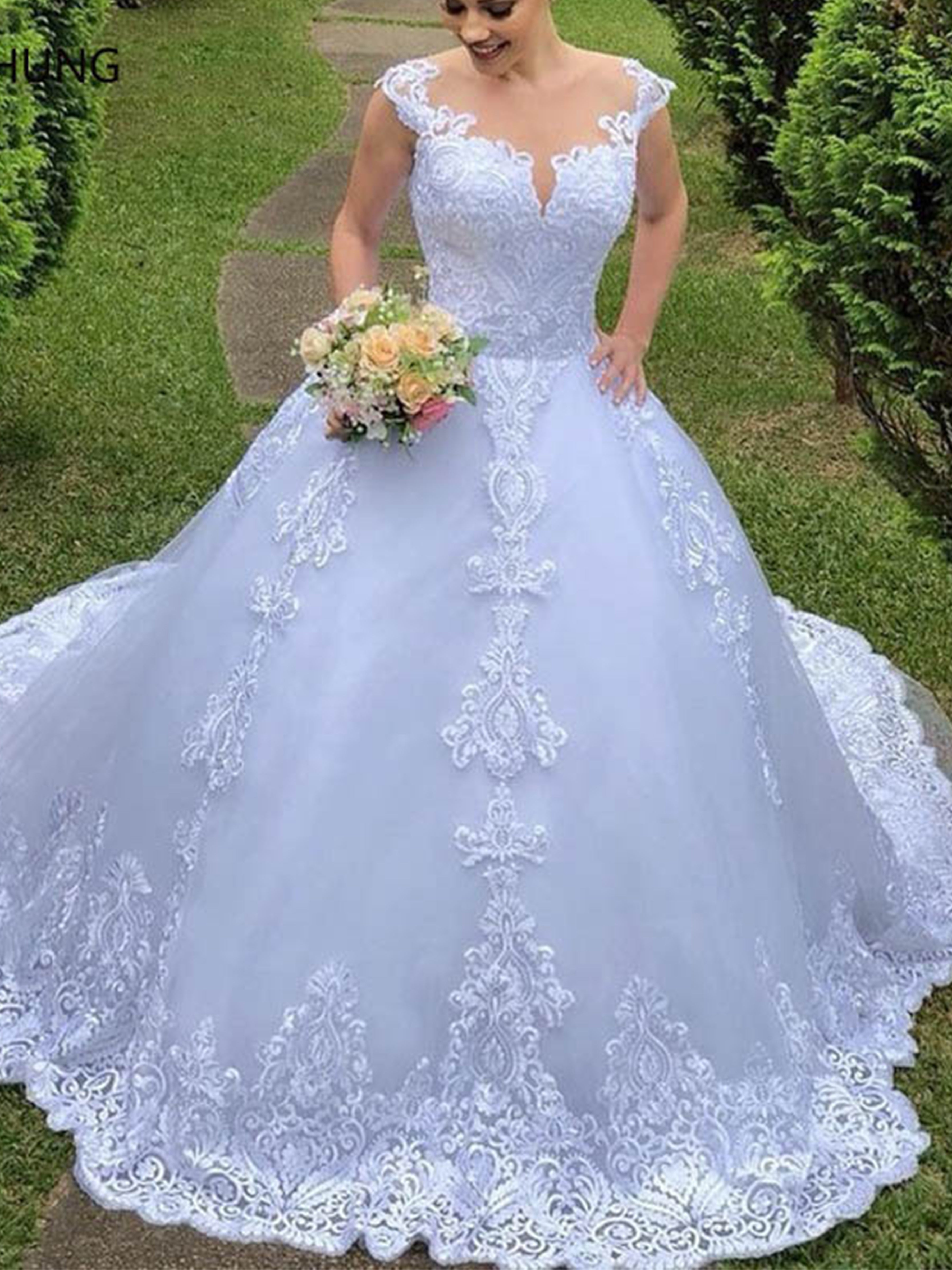 ROVDESY Cap Sleeve Illusion Lace Applique Ball Gown Wedding Dress for Bride