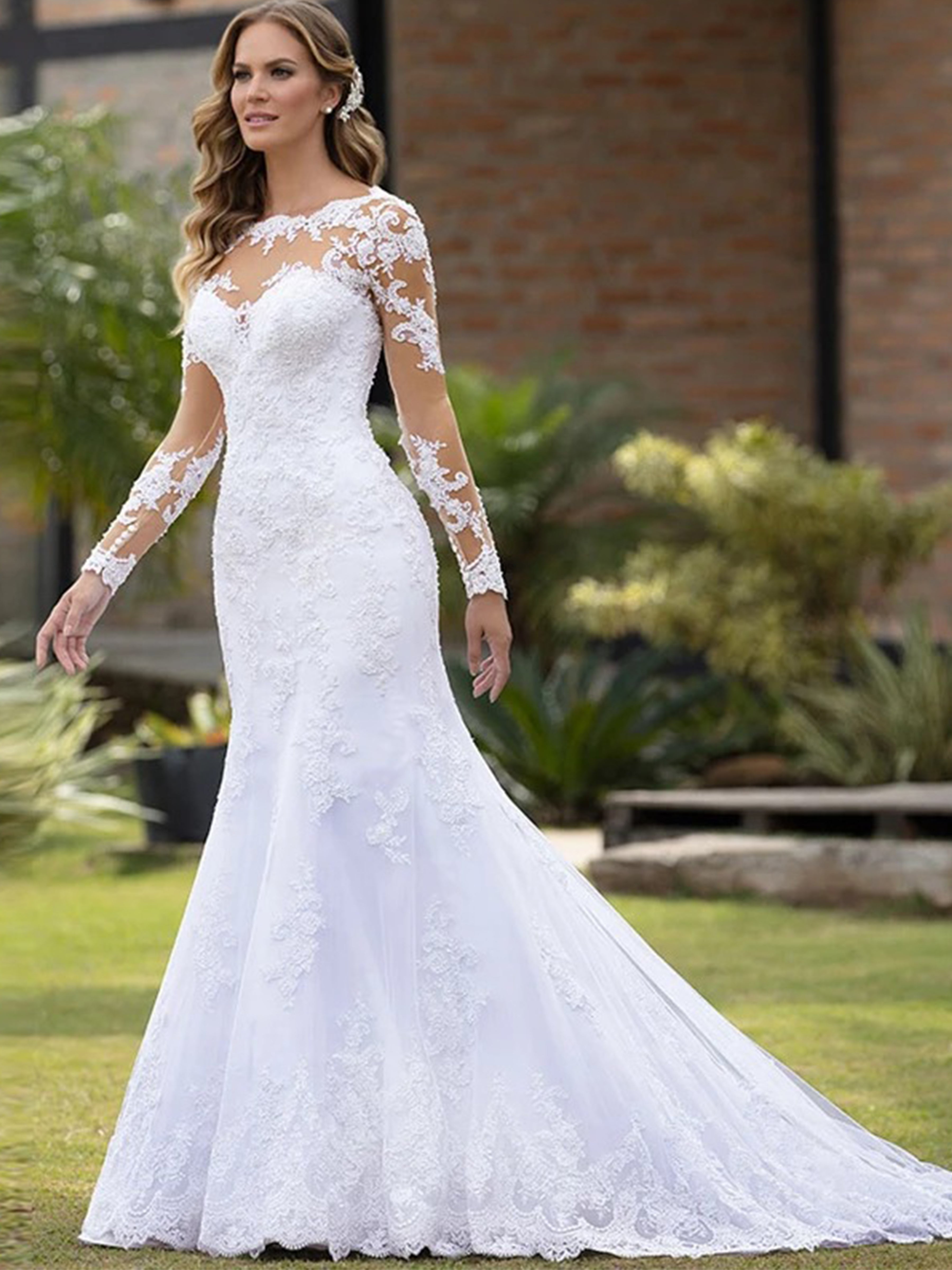 ROVDESY  Long Sleeve Illusion Neck Lace Mermaid Wedding Dress with Sweep Train