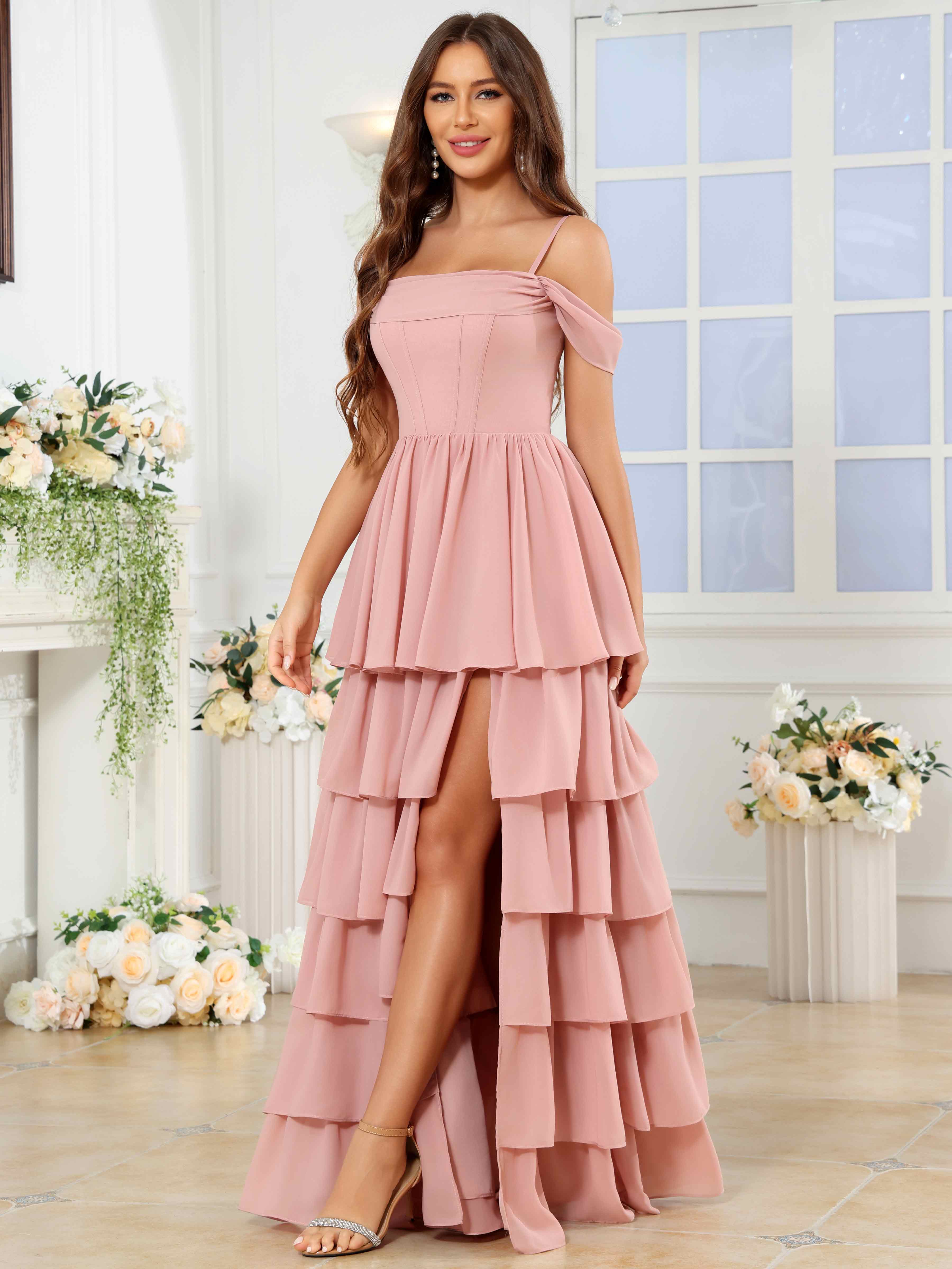 ROVDESY A-Line Off The Shoulder Tiered Chiffon Bridesmaid/Prom Dress With Slit