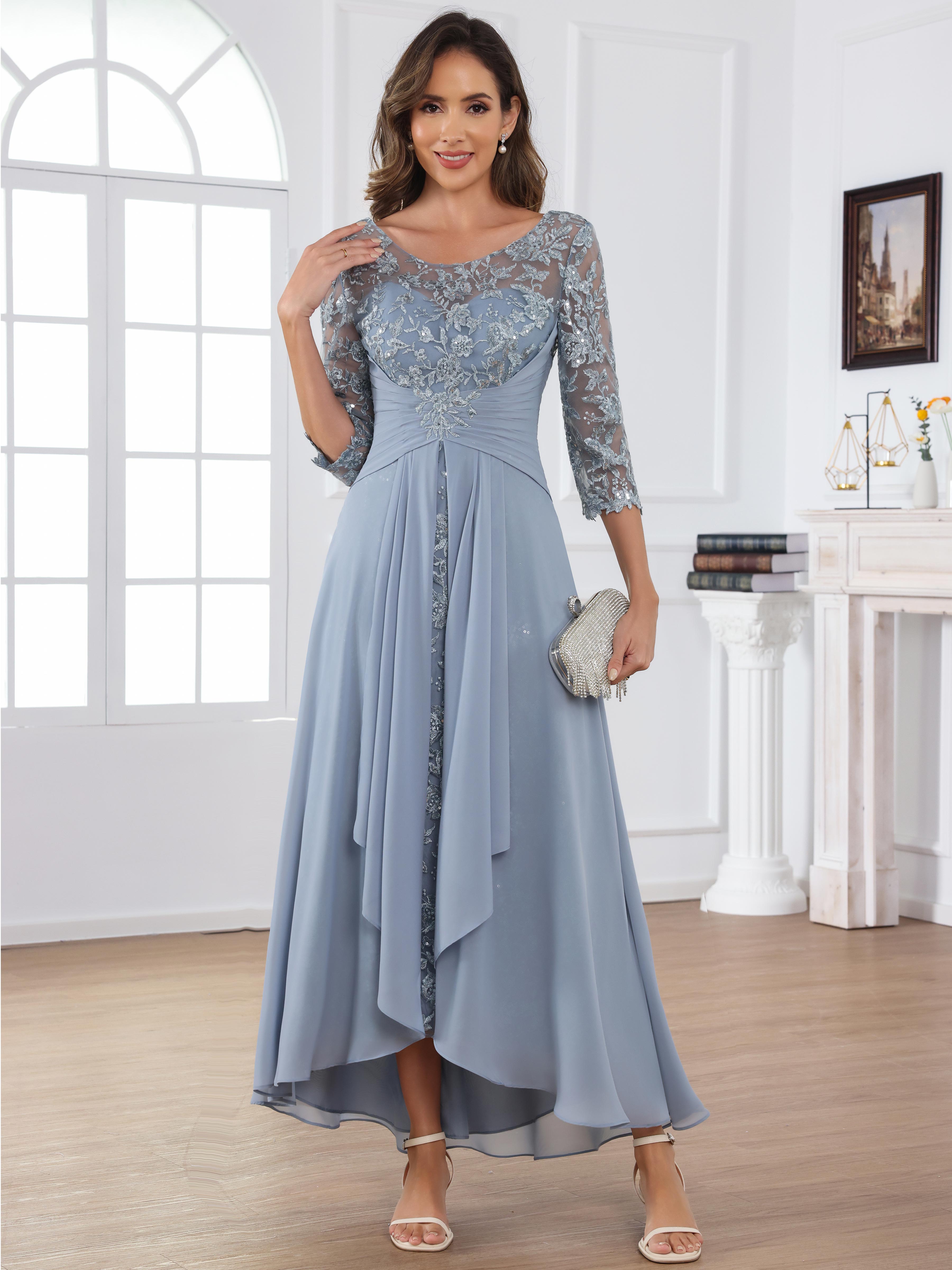 ROVDESY Tea Length Lace Chiffon Mother of The Bride Dress with 3/4 Sleeves