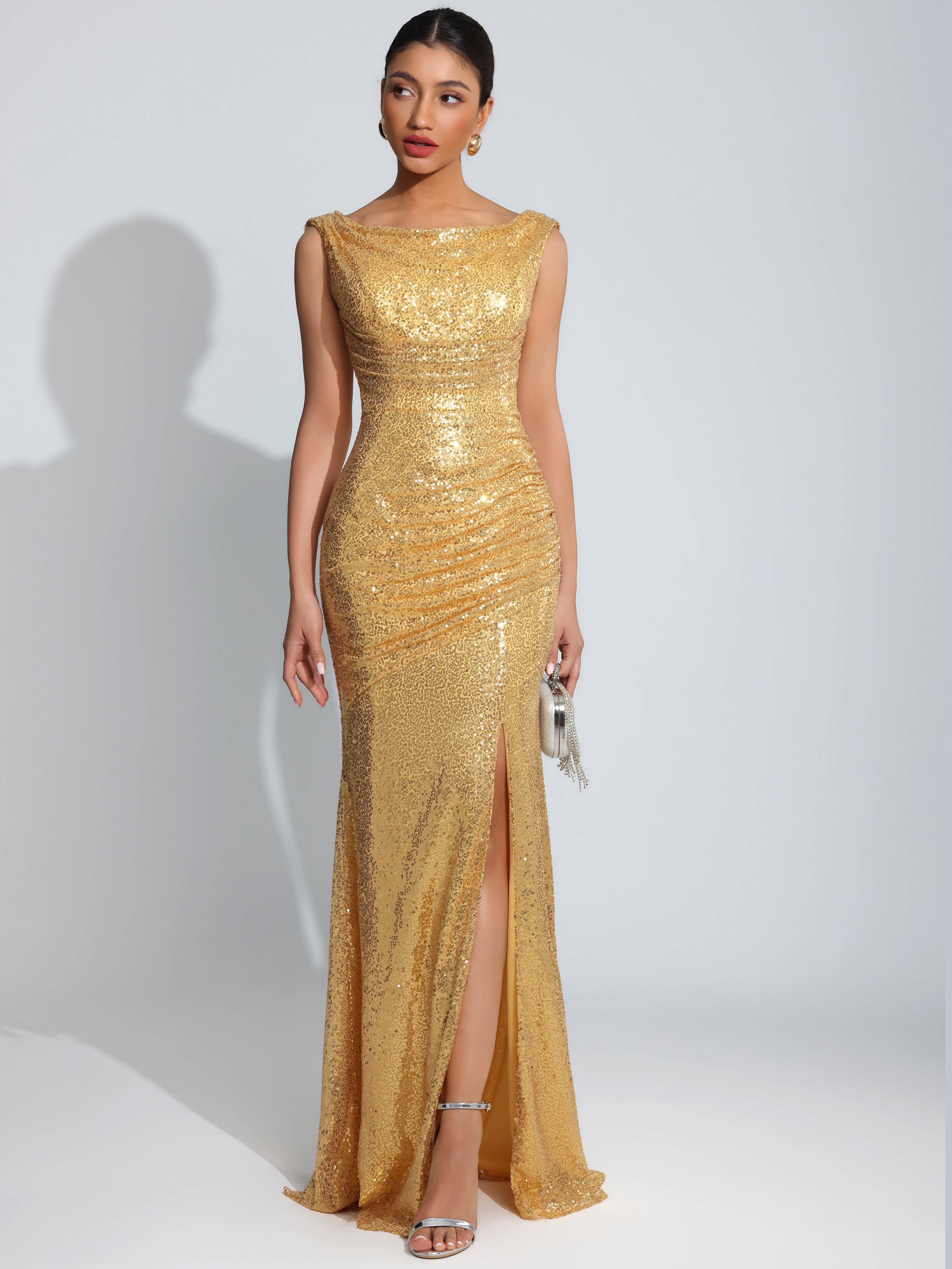 ROVDESY Sparkly Bateau Mermaid Ruched Sequin Long Prom Dress with Slit
