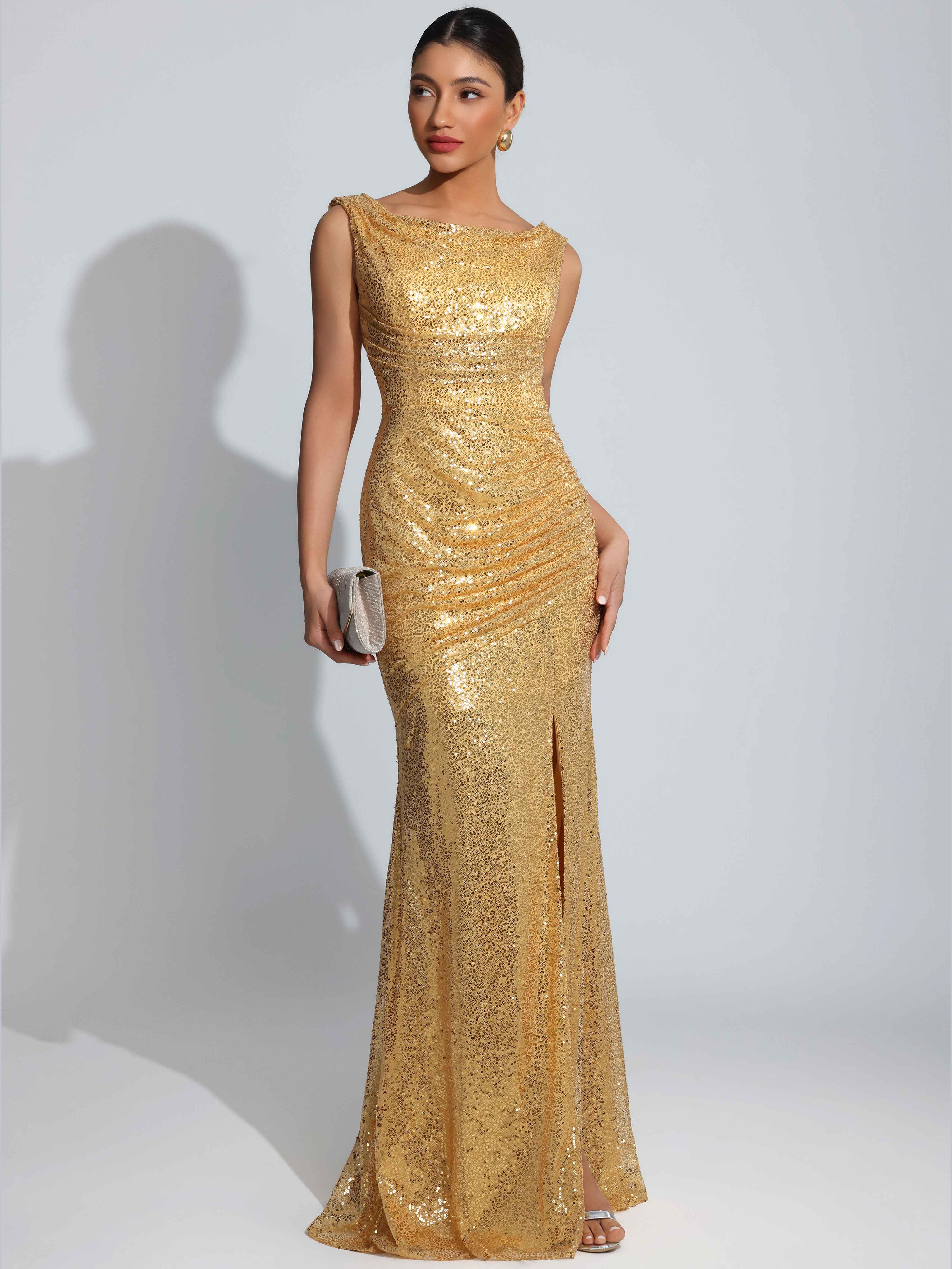 ROVDESY Sparkly Bateau Mermaid Ruched Sequin Long Prom Dress with Slit