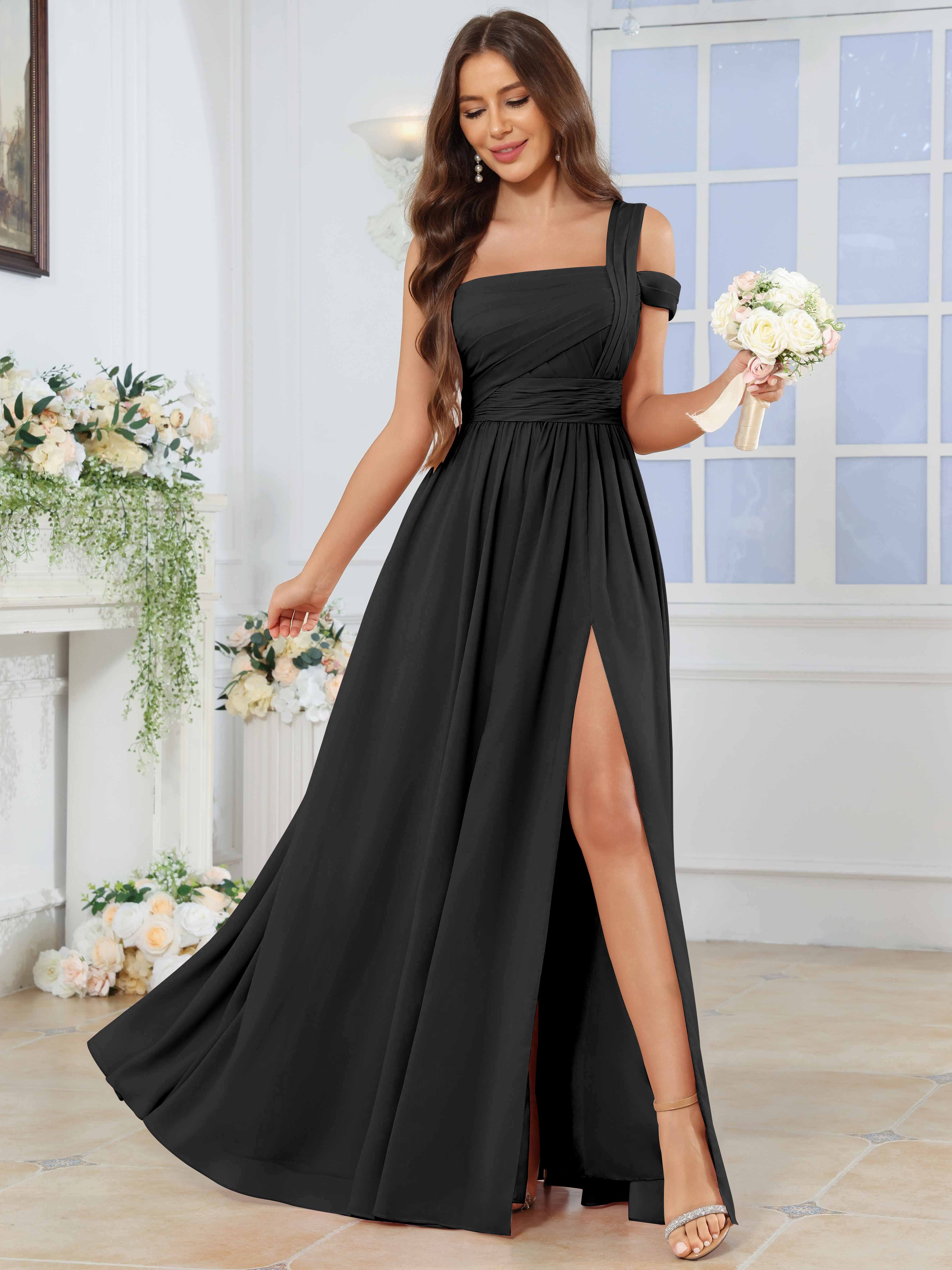 ROVDESY One Shoulder Pleated Chiffon Bridesmaid Dress With Slit