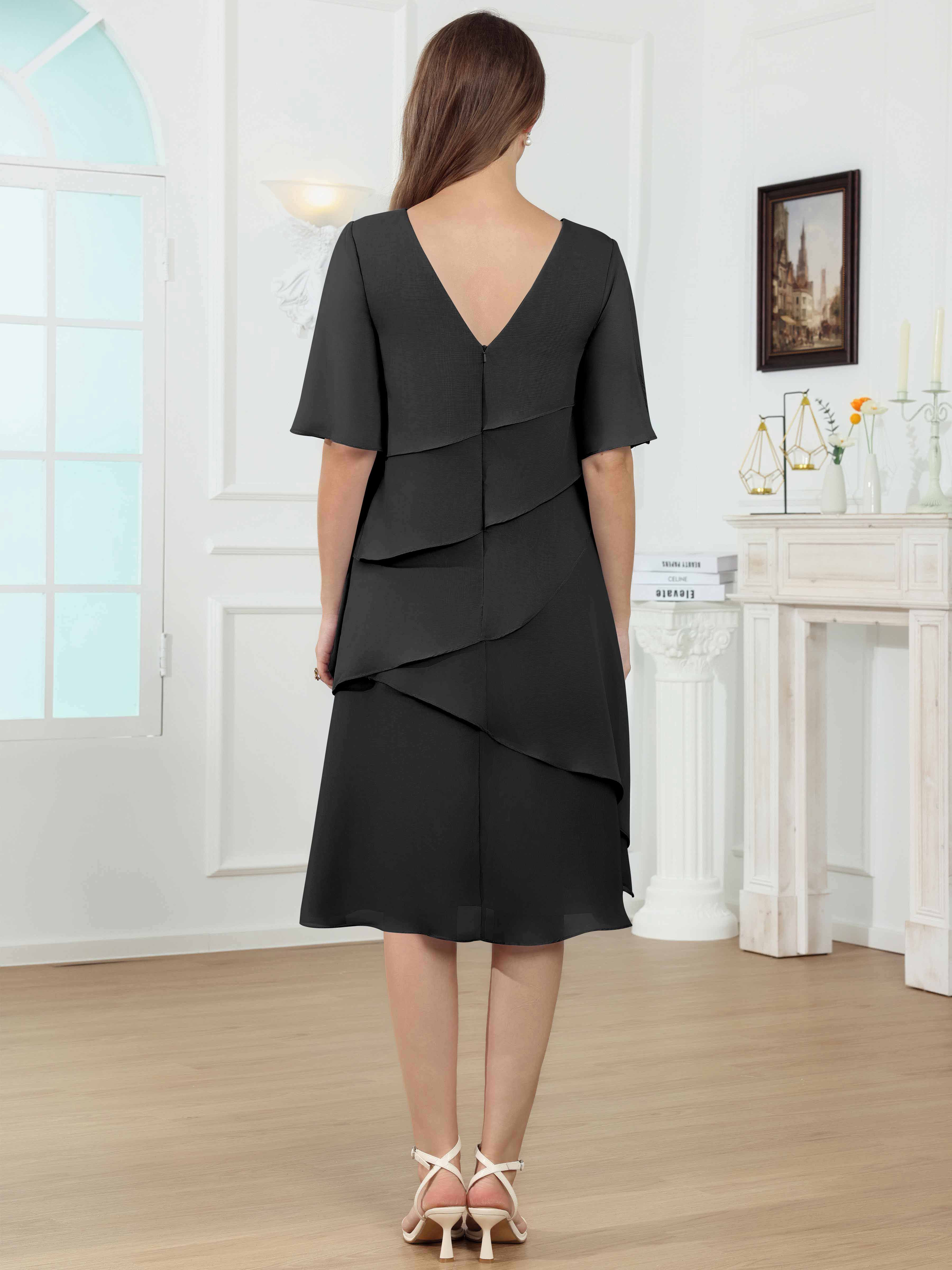 ROVDESY Knee Length Tiered Ruffle Chiffon Mother Of The Bride Dress With Half Sleeves