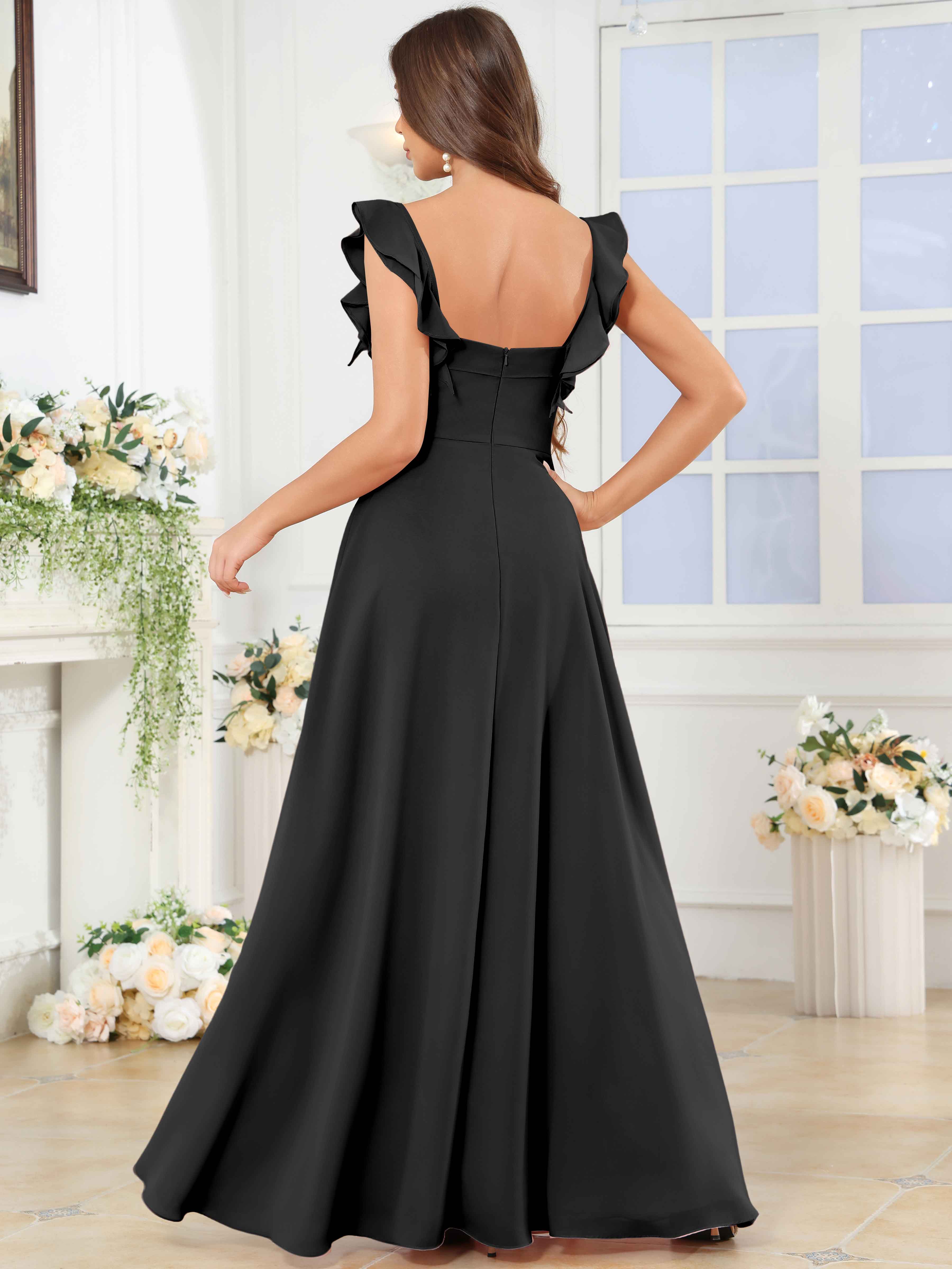 ROVDESY Square Neck Ruffle Chffion Bridesmaid Dress With Slit