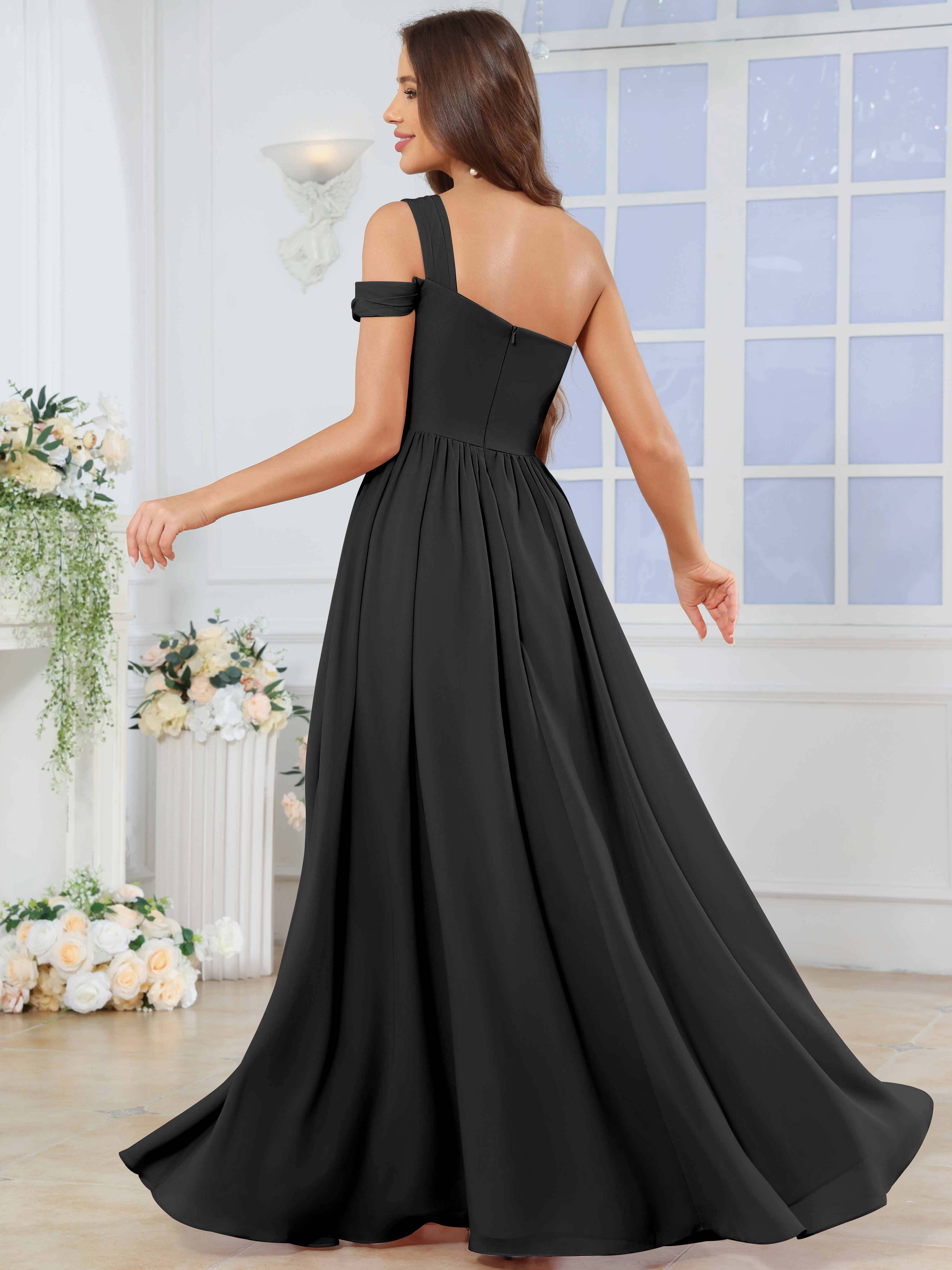 ROVDESY One Shoulder Pleated Chiffon Bridesmaid Dress With Slit