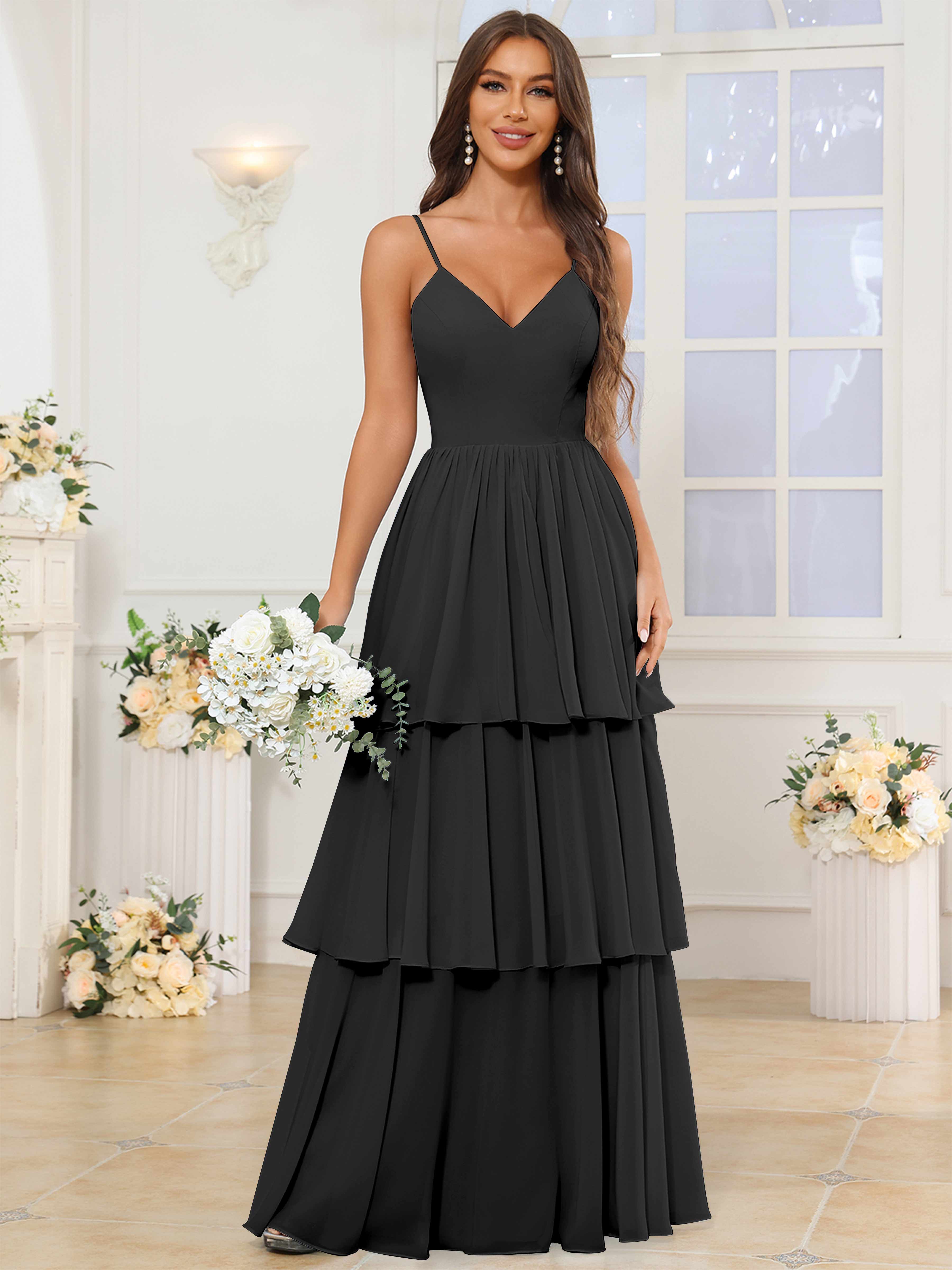 ROVDESY V-Neck Spaghetti Straps Tiered Chiffon Bridesmaid Dress With Ruffles