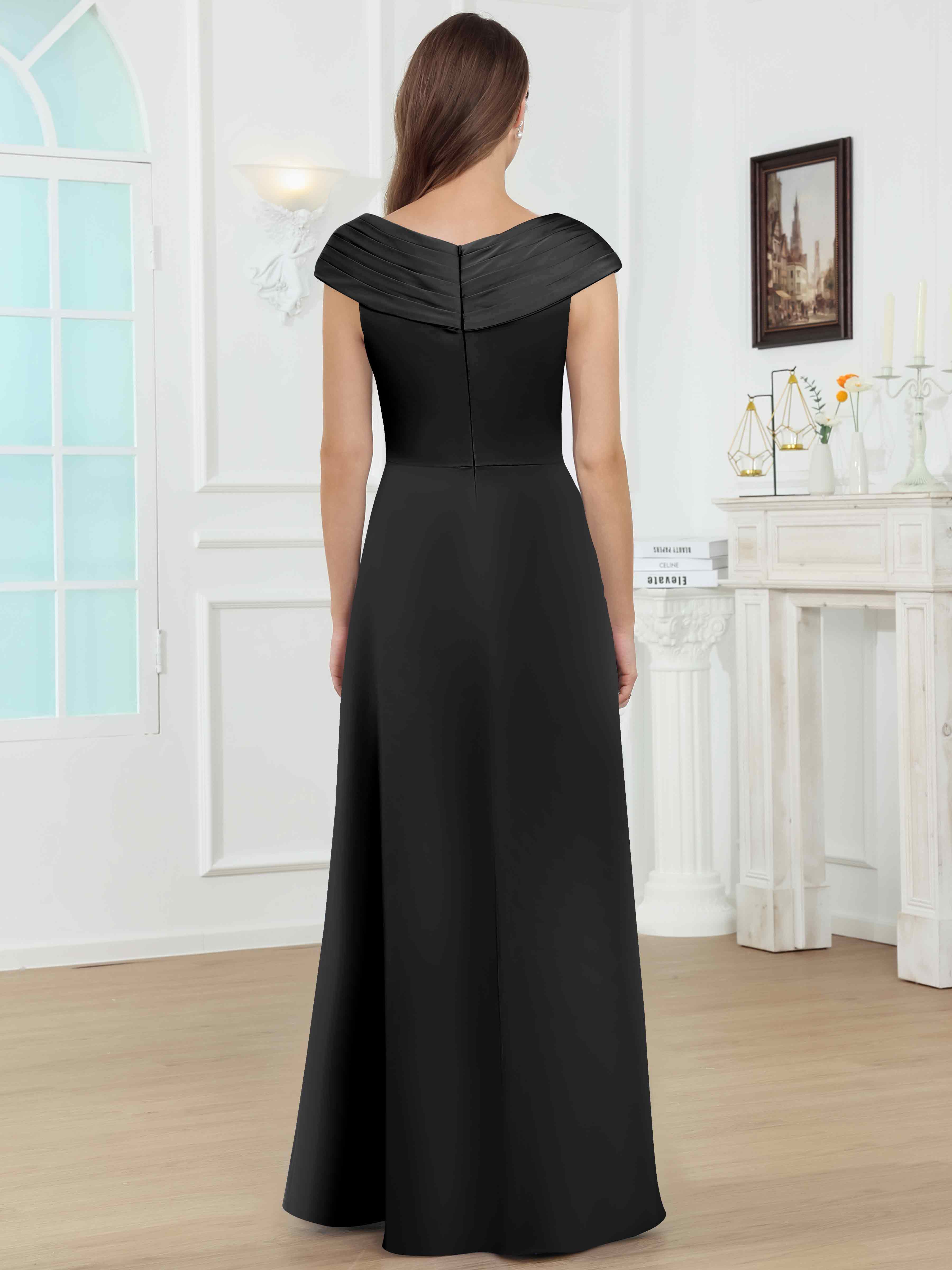 ROVDESY V-Neck Off The Shoulder Pleated Satin Mother Of The Bride Dress With Slit