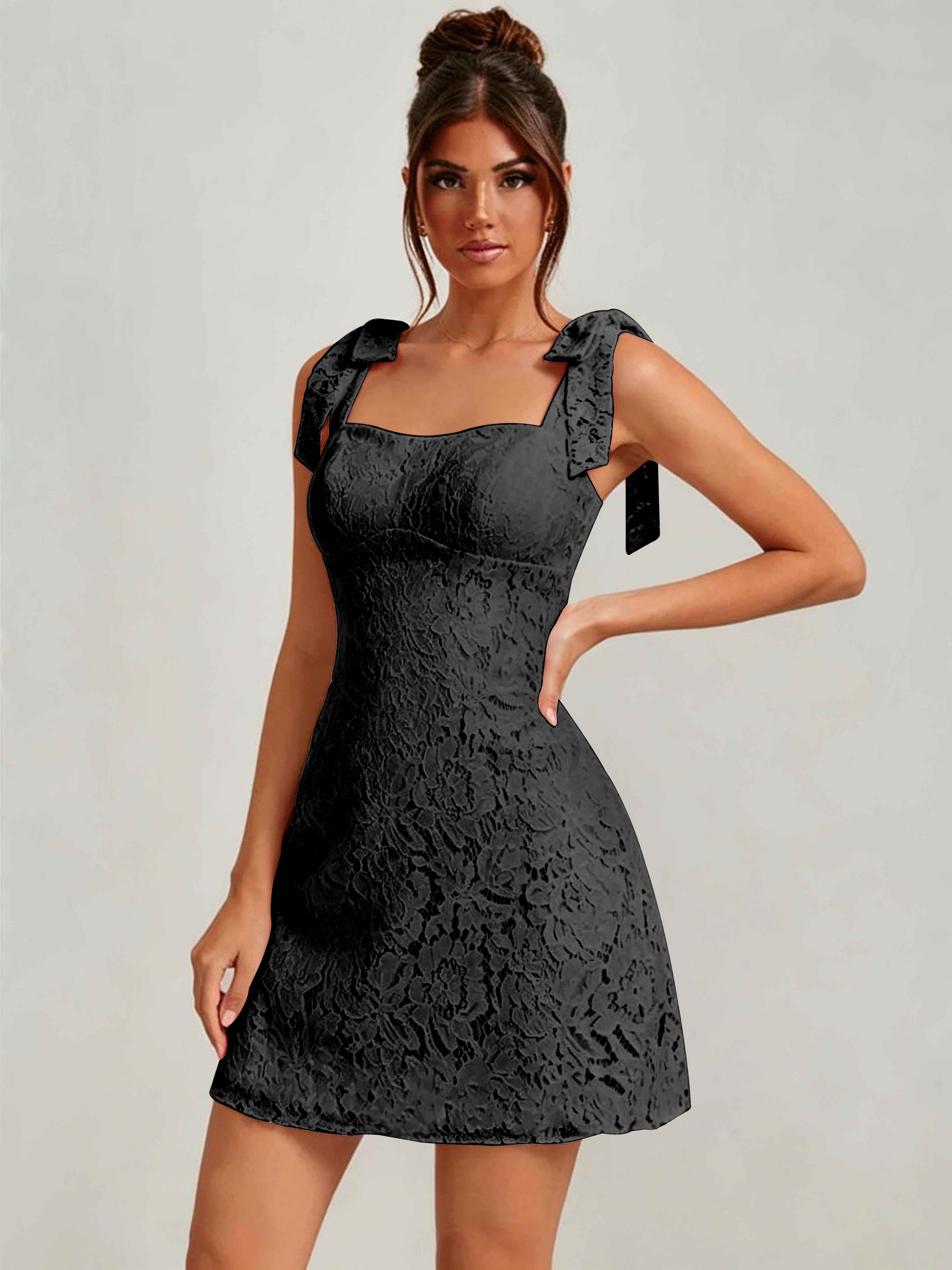 ROVDESY Bow Tie Spaghetti Strap A-Line  Floral Lace Mini Dress