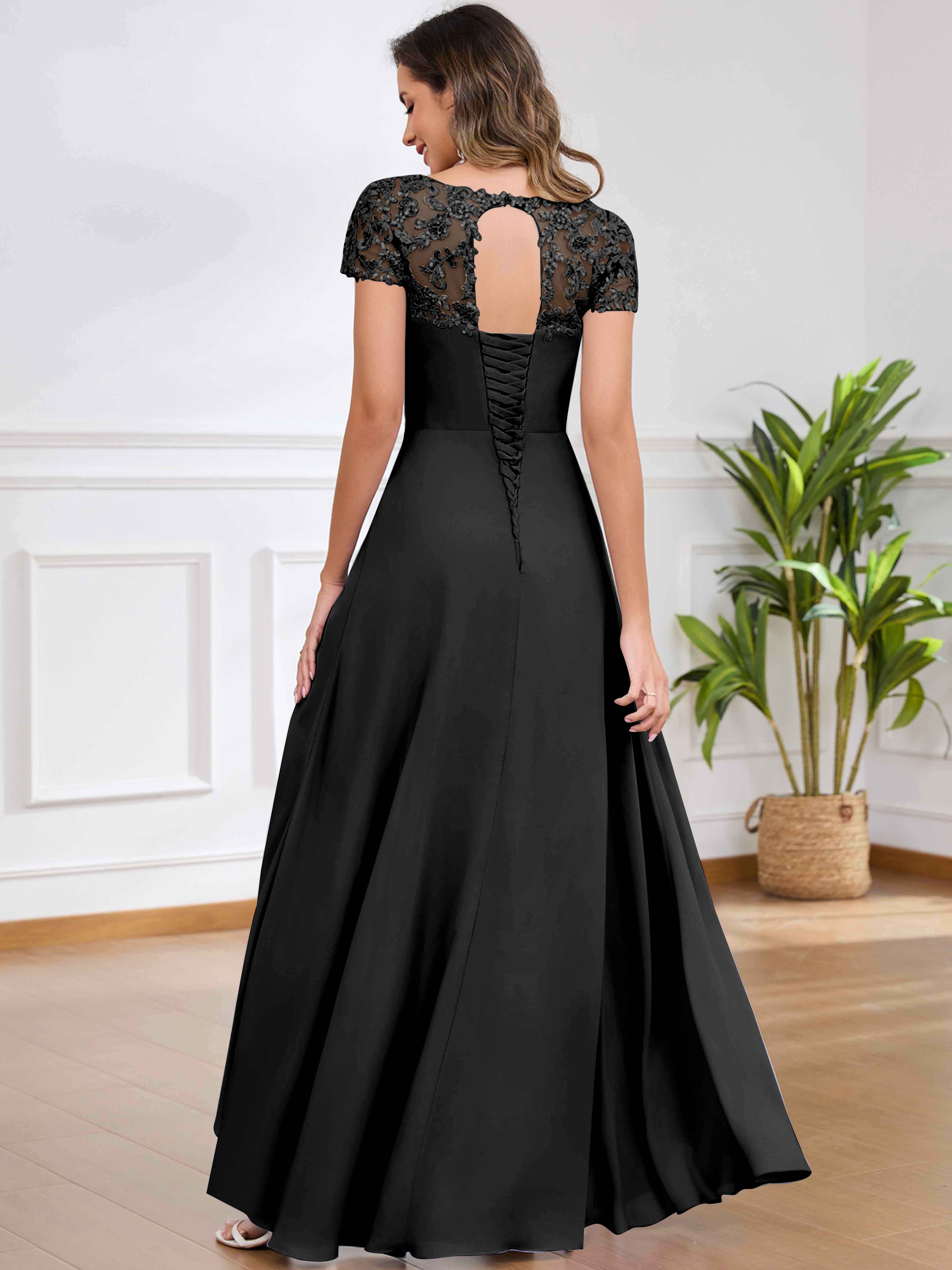 ROVDESY A-Line Pleated Lace Sequin Ruffle Chiffon Mother Of The Bride Dress With Slit