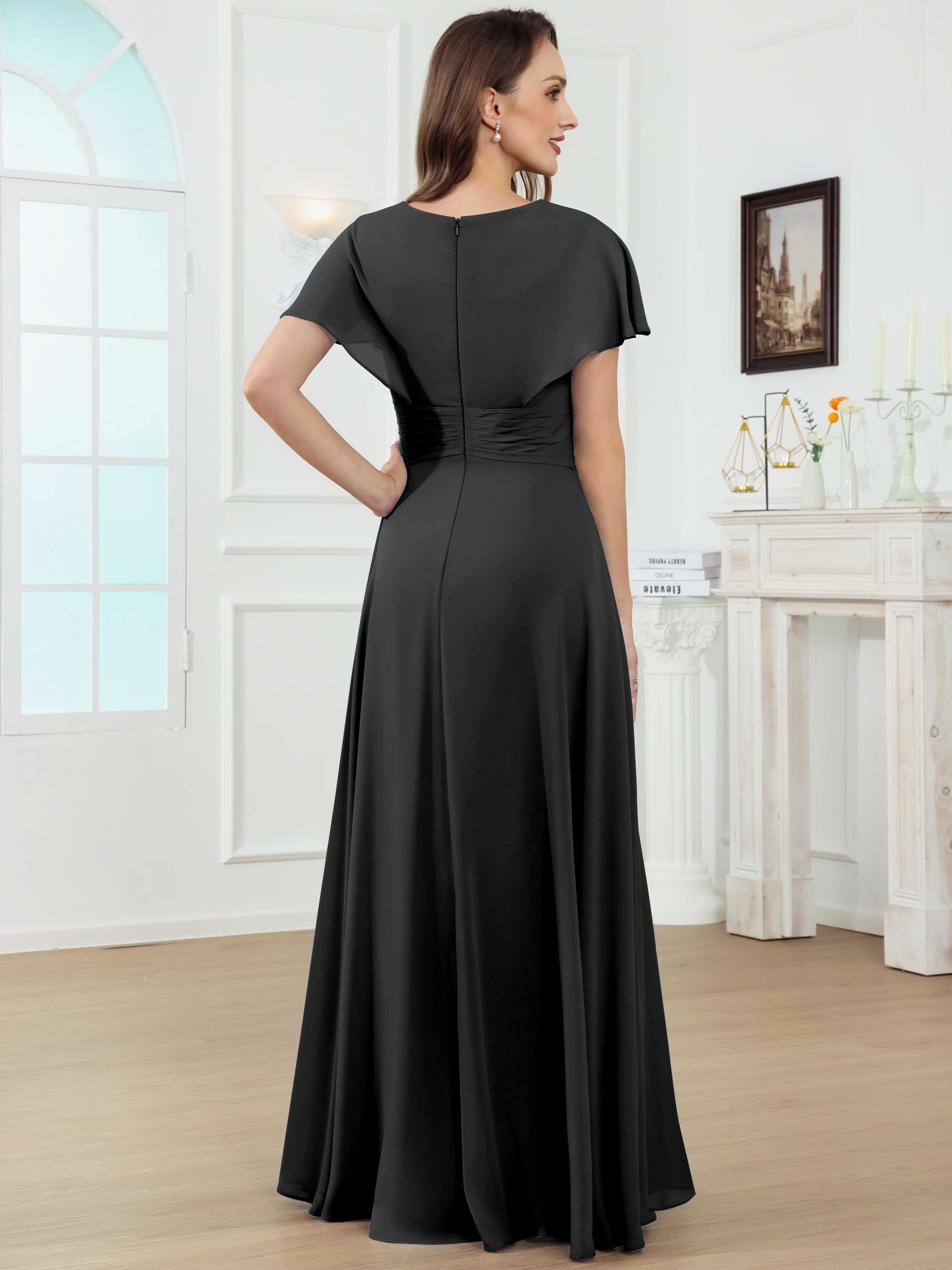 ROVDESY A-Line V-Neck Pleated Lace Chiffon Mother Of The Bride Dress With Short Sleeves