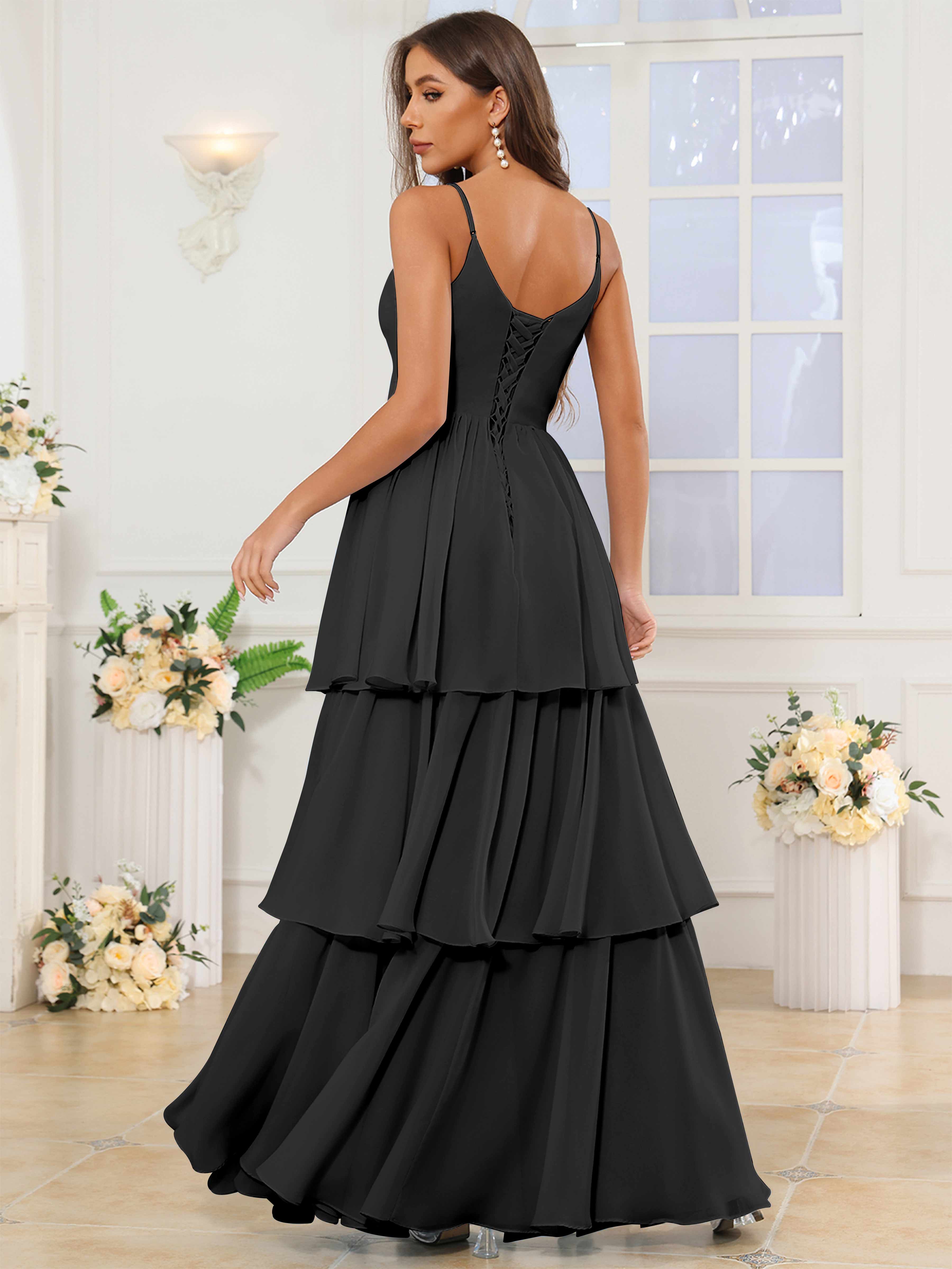 ROVDESY V-Neck Spaghetti Straps Tiered Chiffon Bridesmaid Dress With Ruffles