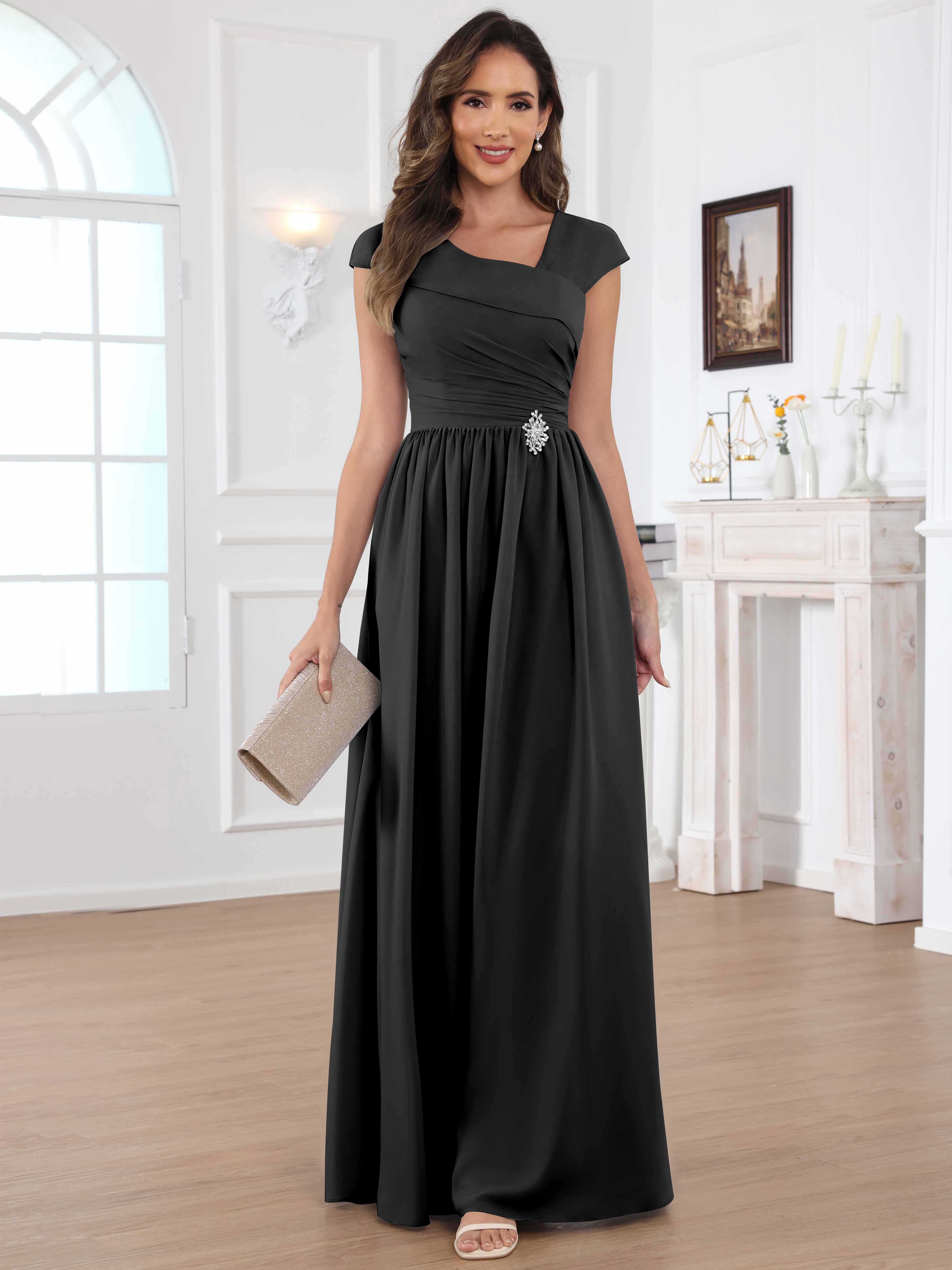 ROVDESY A-Line Cap Sleeves Pleated Chiffon Mother Of The Bride Dress