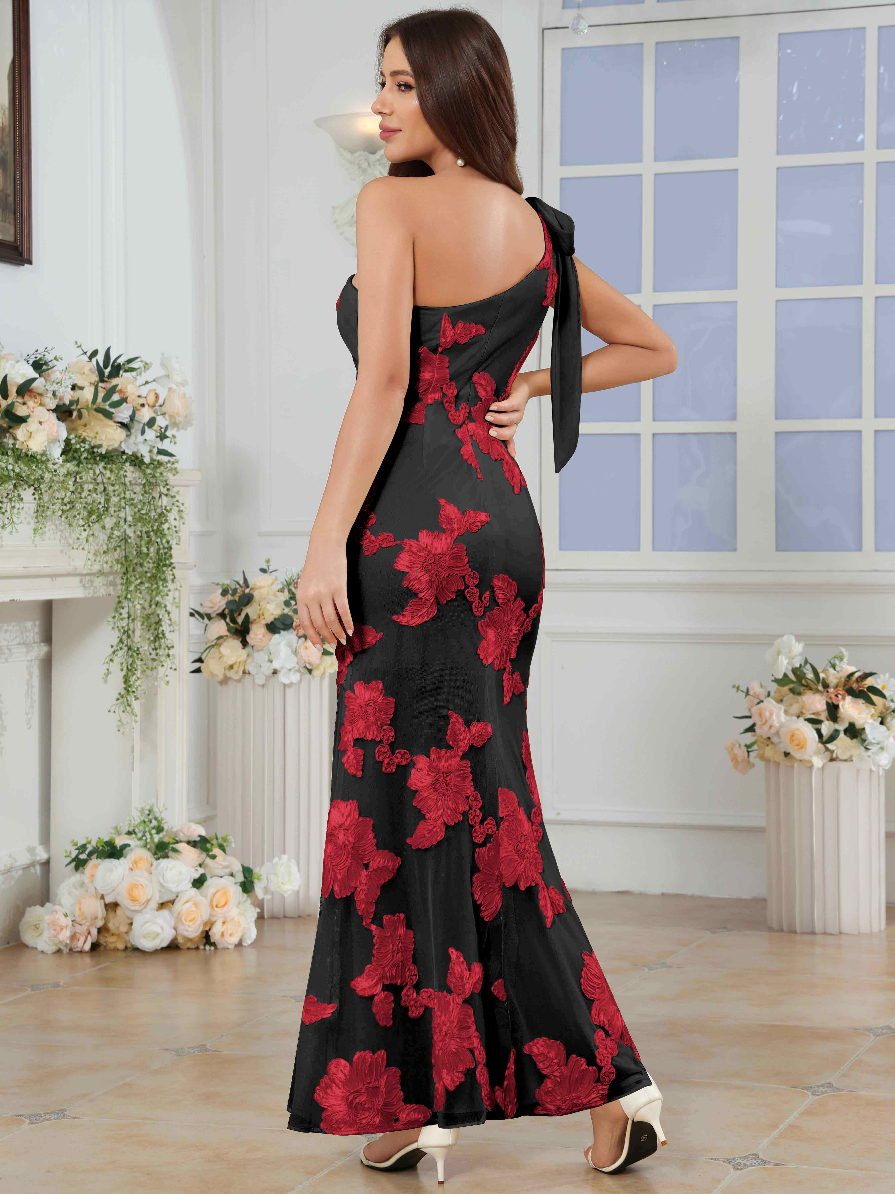 ROVDESY One-Shoulder Mermaid Floral Bridesmaid/Prom Dress