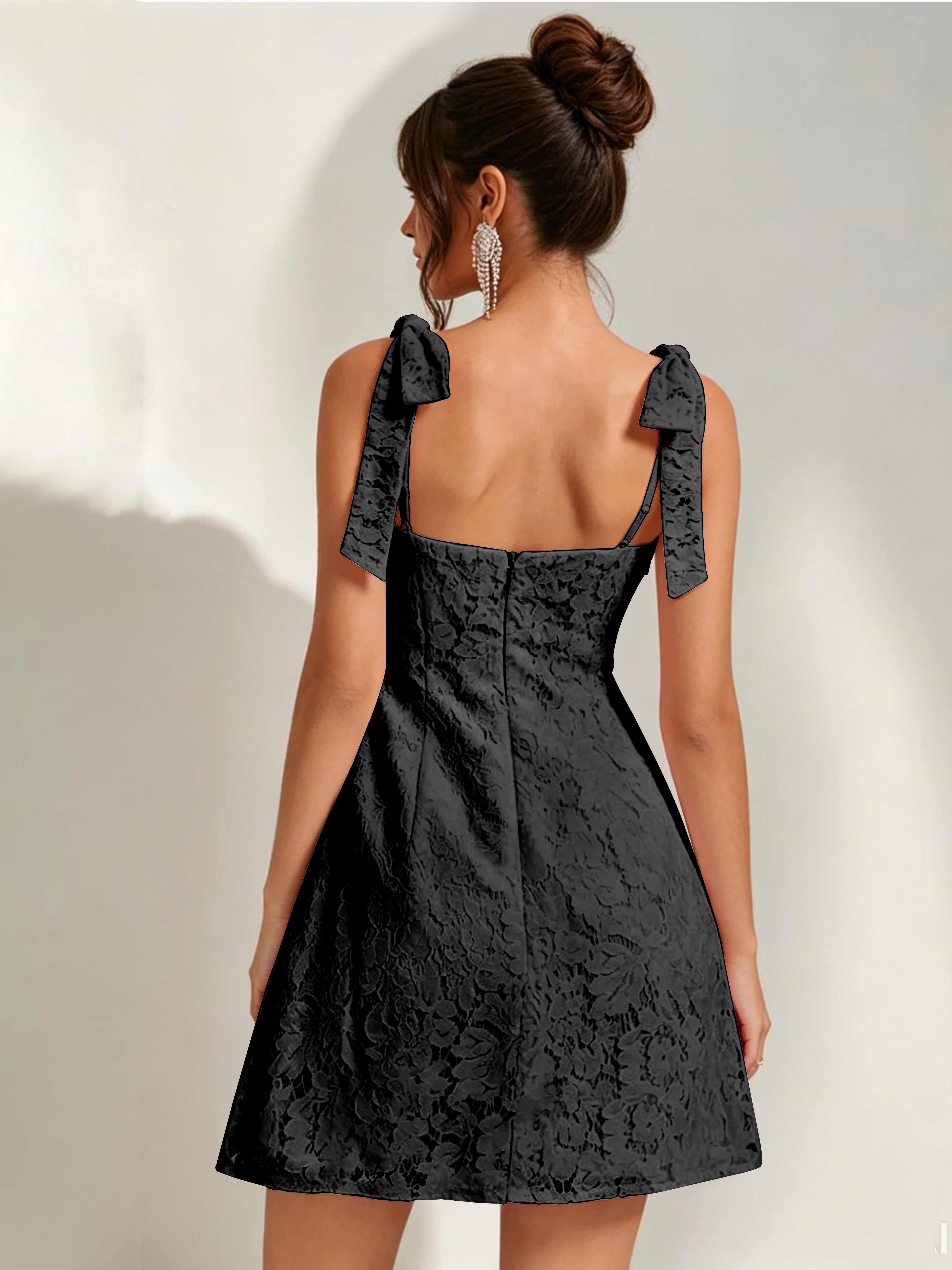 ROVDESY Bow Tie Spaghetti Strap A-Line  Floral Lace Mini Dress
