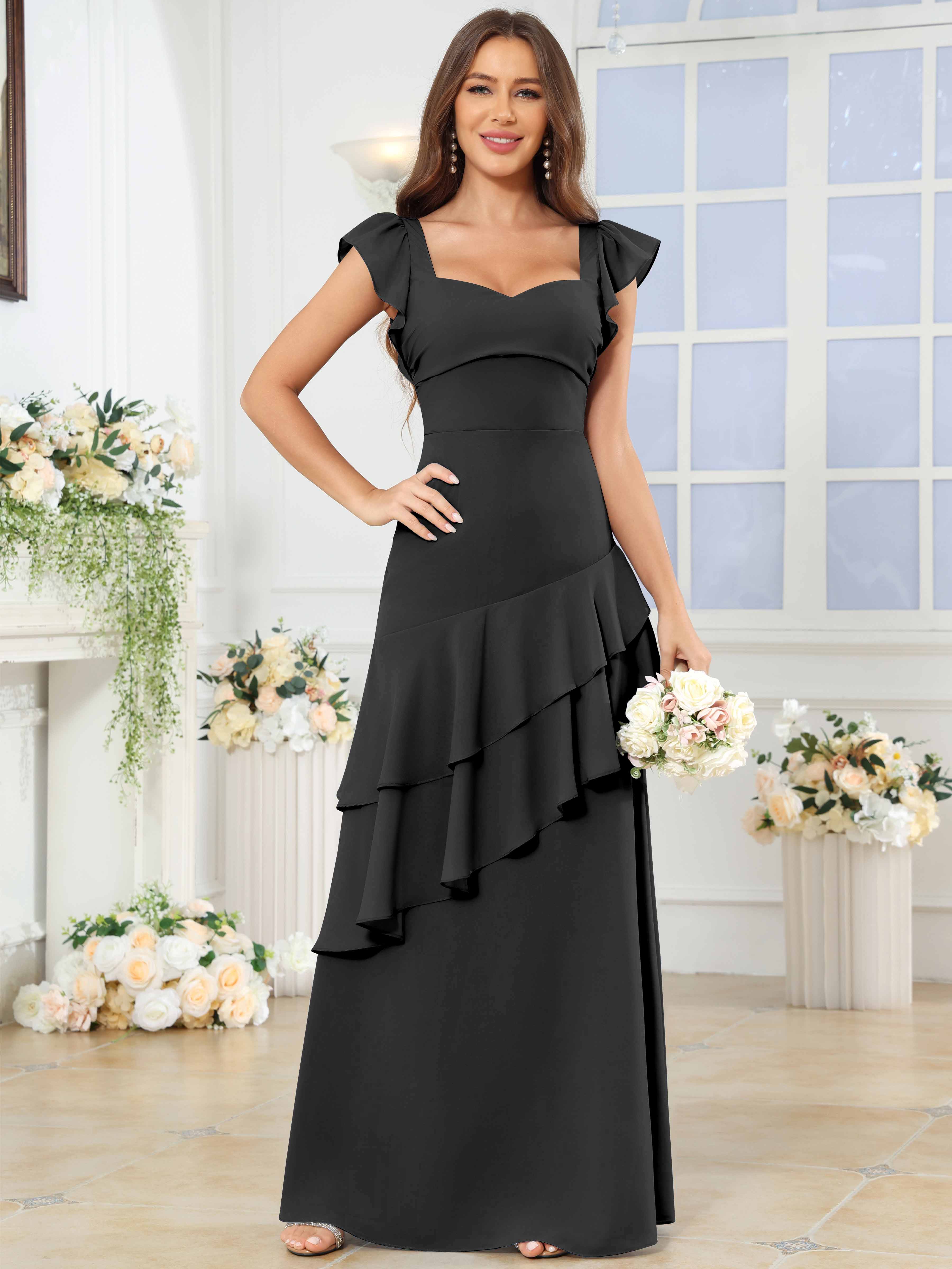 ROVDESY Sweetheart Tiered Ruffle Chiffon Bridesmaid Dress With Short Sleeves