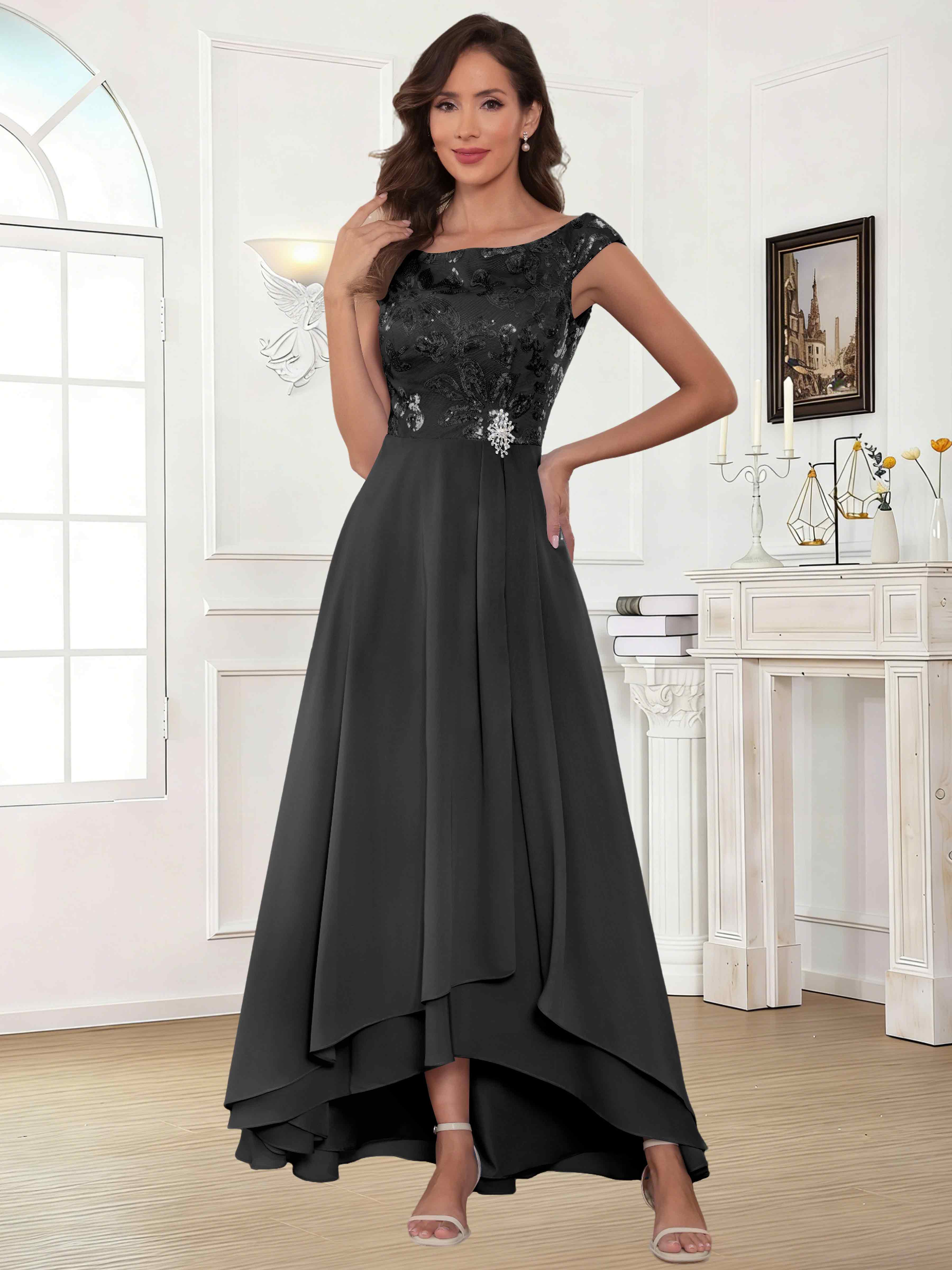ROVDESY Tea Length Off-The-Shoulder Sequin Chiffon Mother Of The Bride Dress