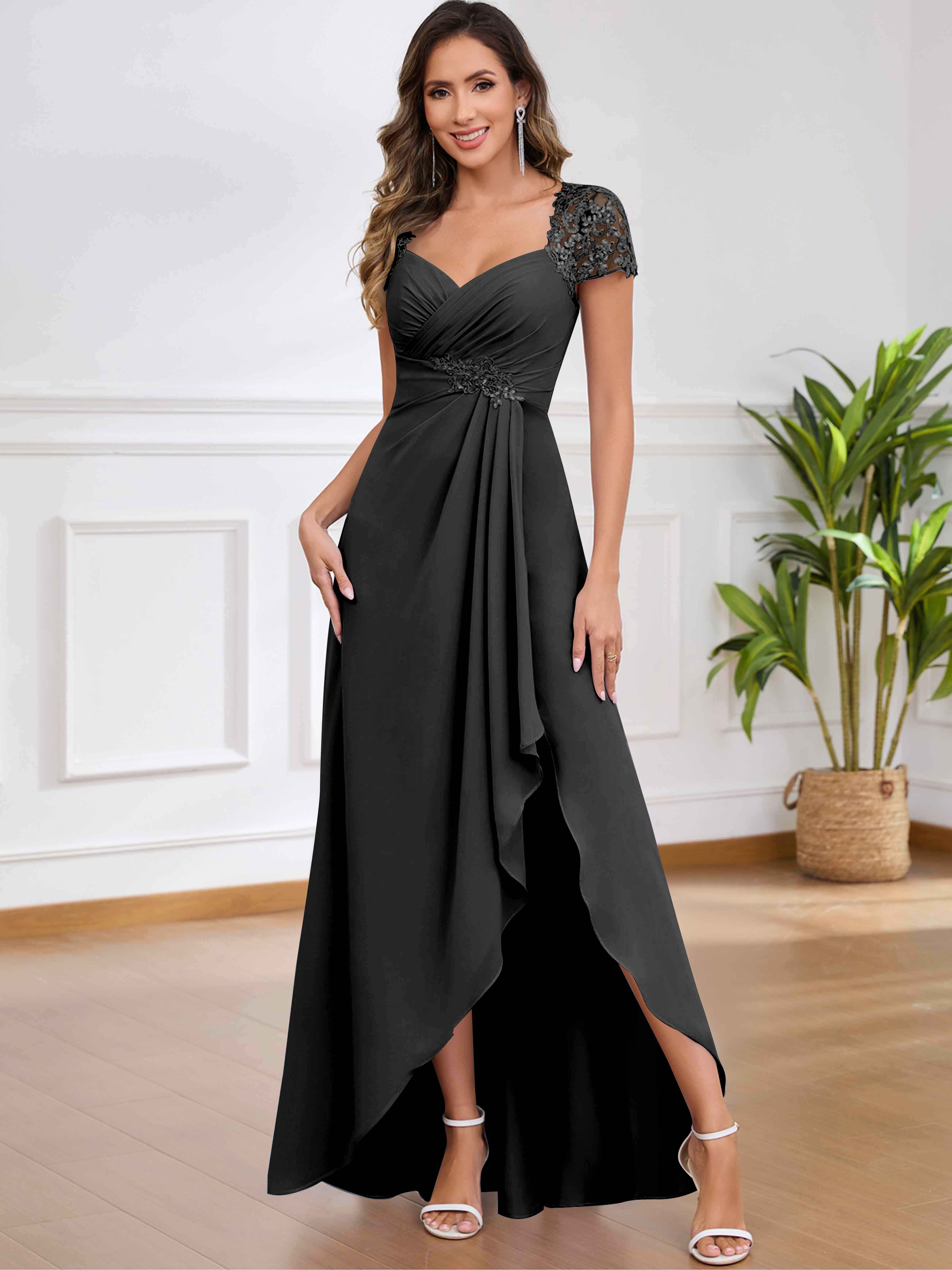 ROVDESY A-Line Pleated Lace Sequin Ruffle Chiffon Mother Of The Bride Dress With Slit