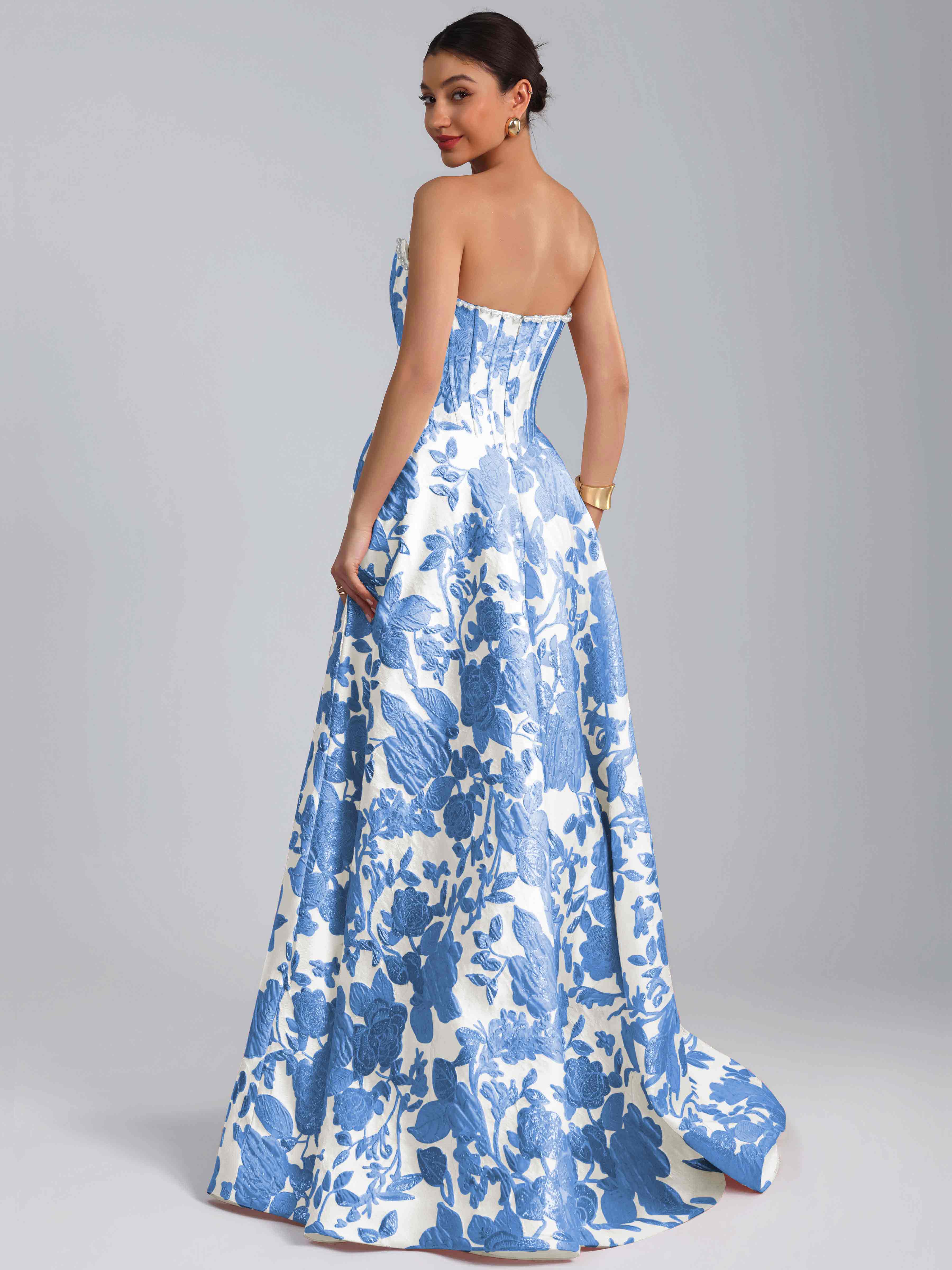 ROVDESY A-Line Strapless Jacquard Satin Prom Dress Long Ball Gown