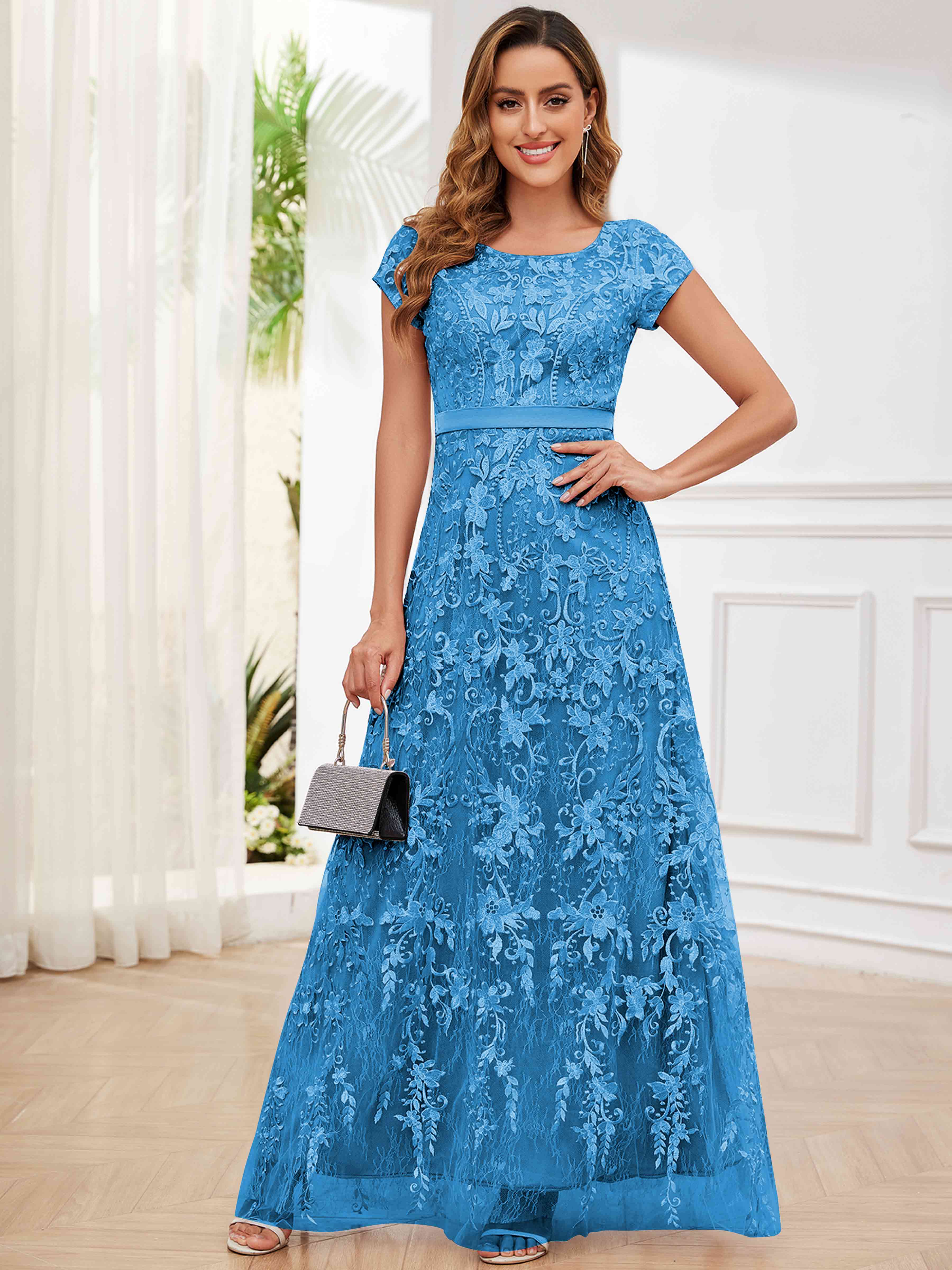 ROVDESY Elegant Lace Mother Of The Bride Dress With Short Sleeves Formal Gown