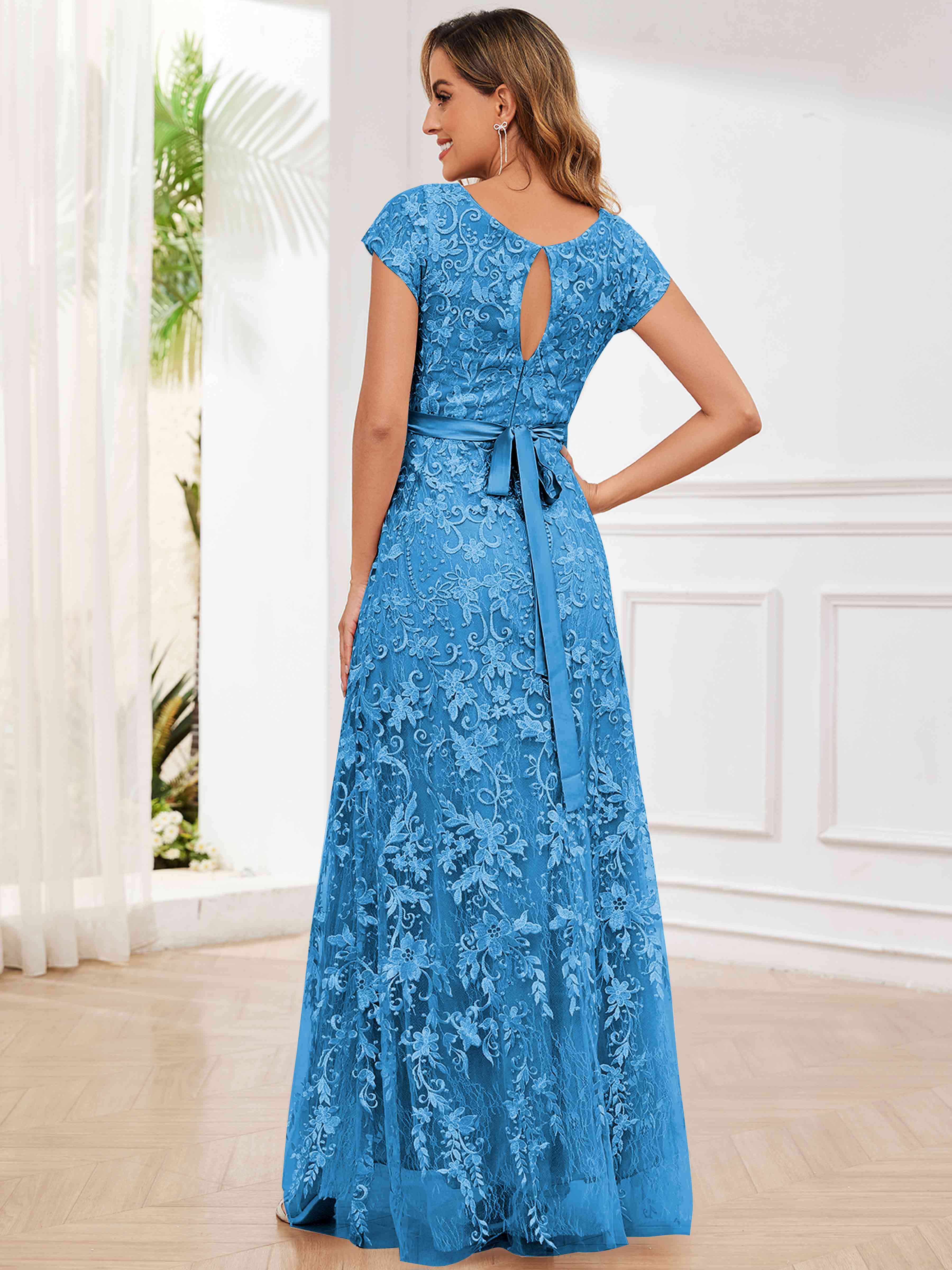 ROVDESY Elegant Lace Mother Of The Bride Dress With Short Sleeves Formal Gown