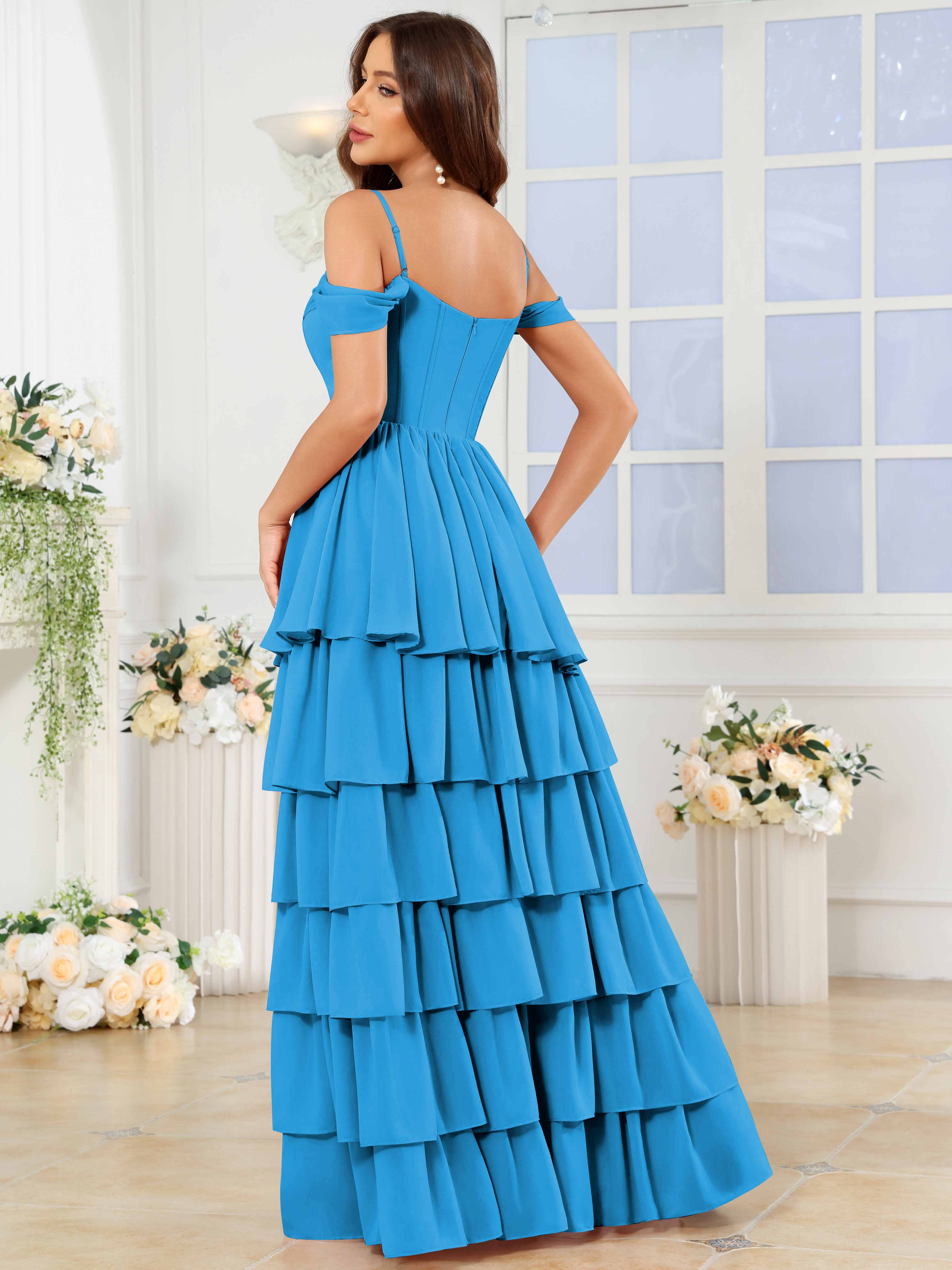 ROVDESY A-Line Off The Shoulder Tiered Chiffon Bridesmaid/Prom Dress With Slit
