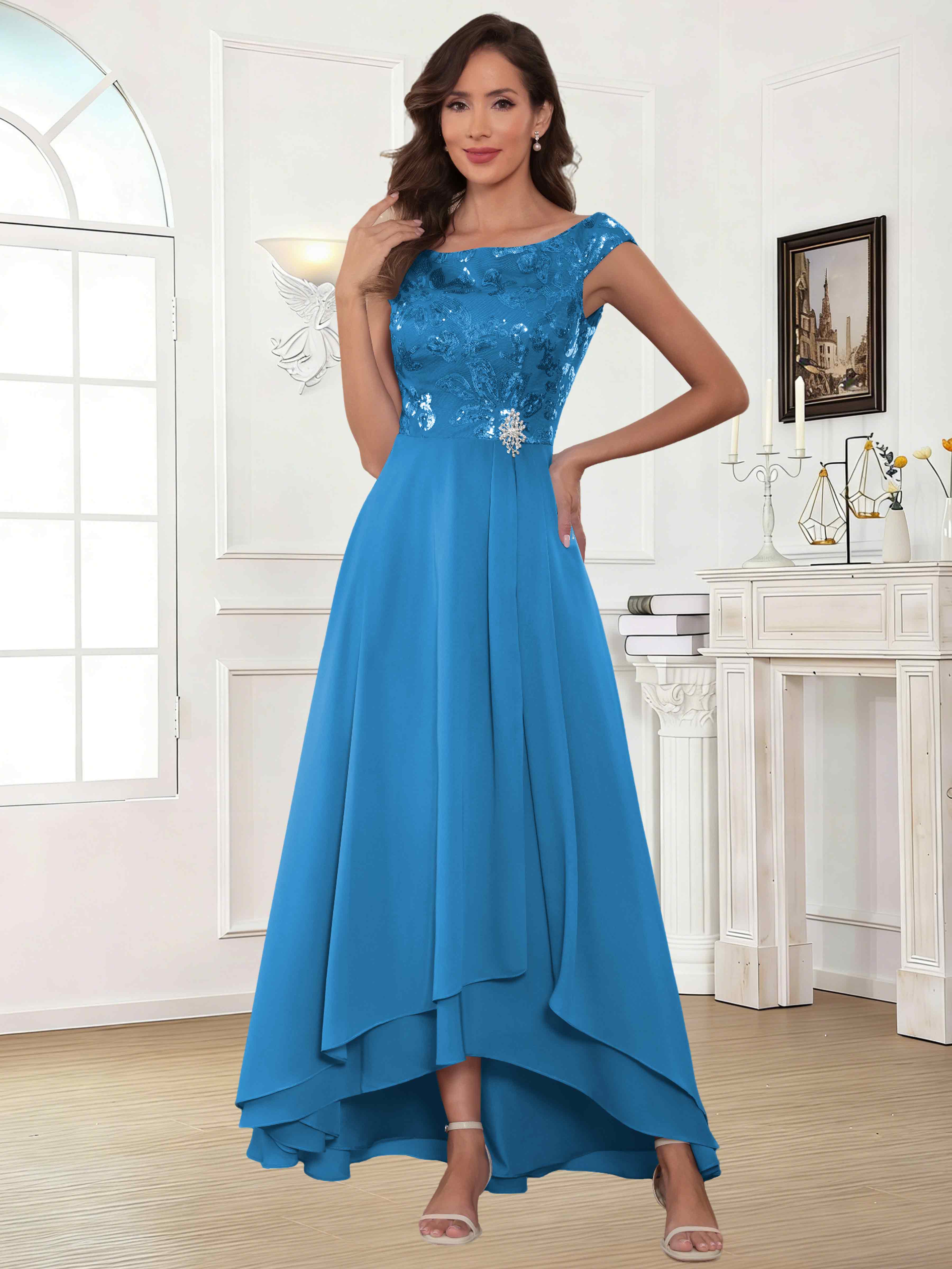 ROVDESY Tea Length Off-The-Shoulder Sequin Chiffon Mother Of The Bride Dress
