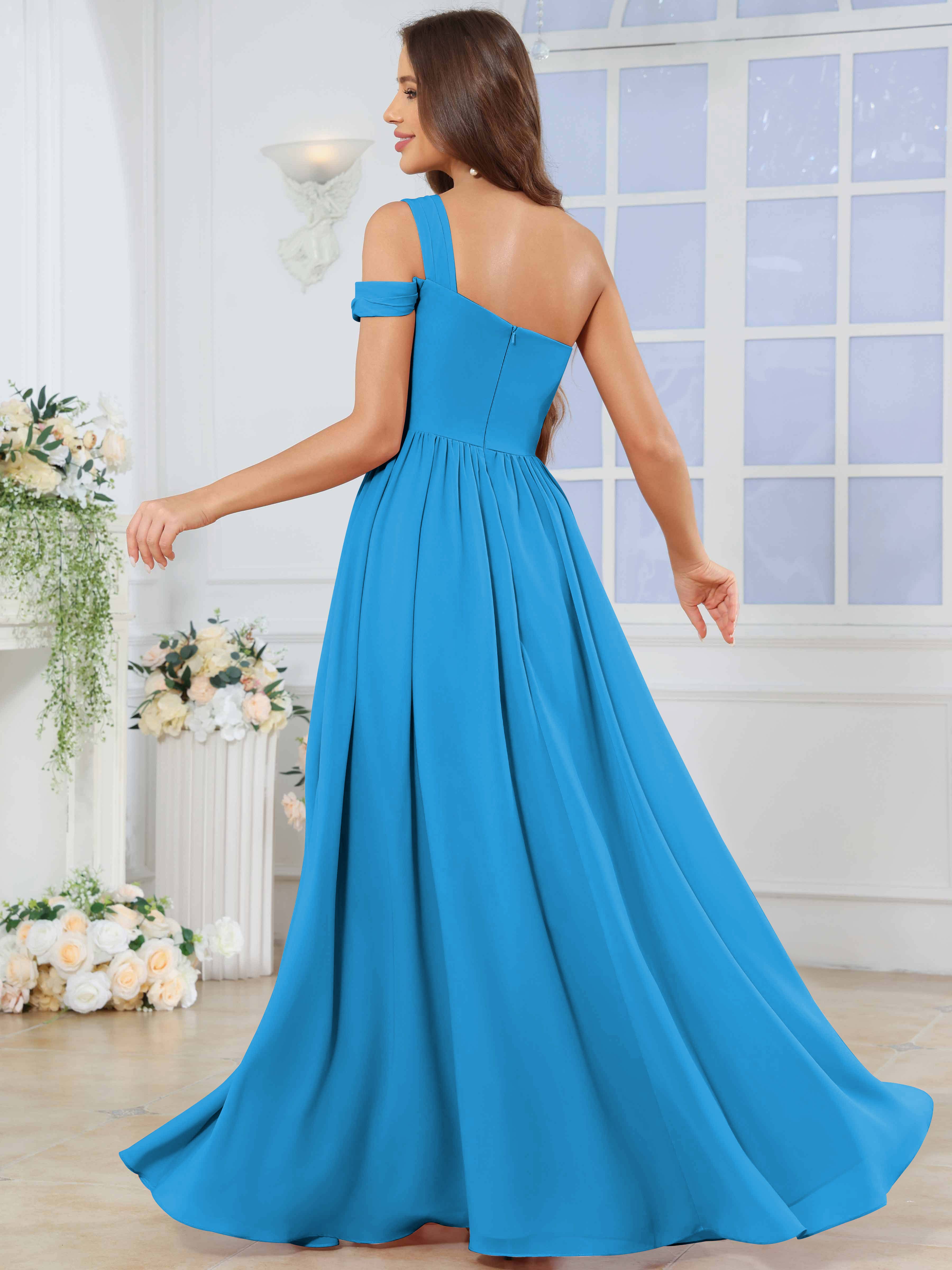 ROVDESY One Shoulder Pleated Chiffon Bridesmaid Dress With Slit