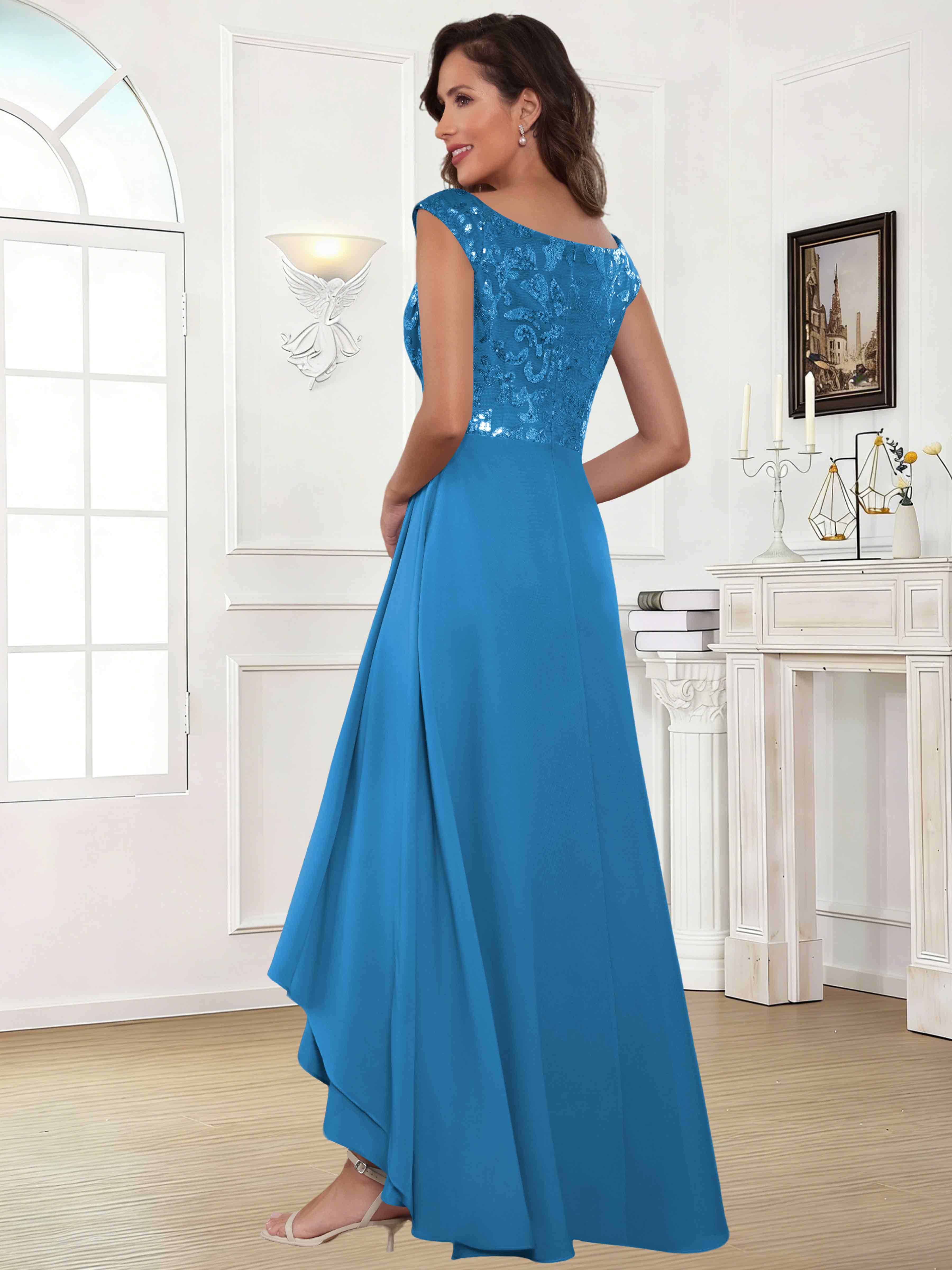 ROVDESY Tea Length Off-The-Shoulder Sequin Chiffon Mother Of The Bride Dress