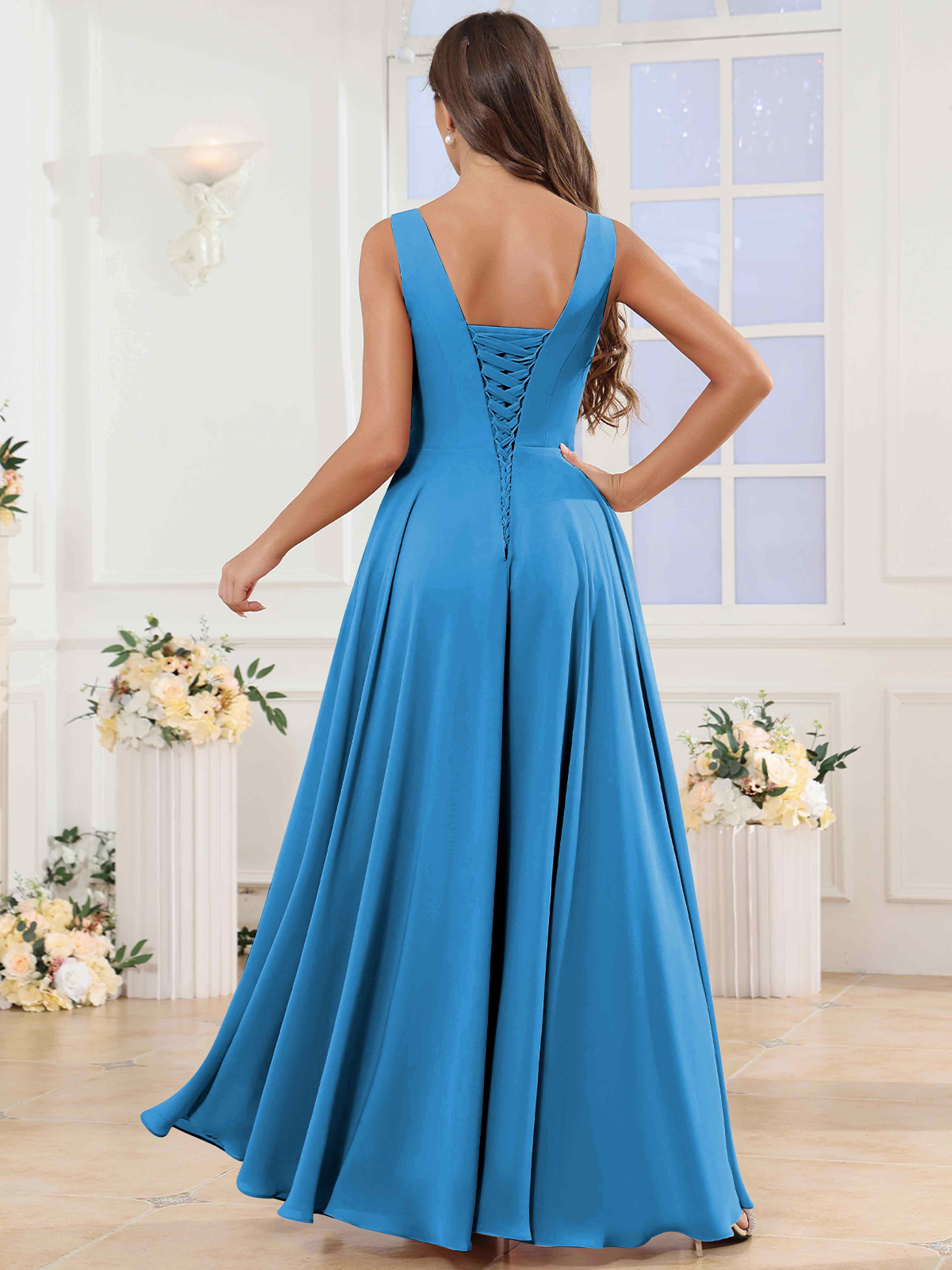 ROVDESY V-Neck Pleated Sleeveless Ruffle Chiffon Bridesmaid Dress With Slit