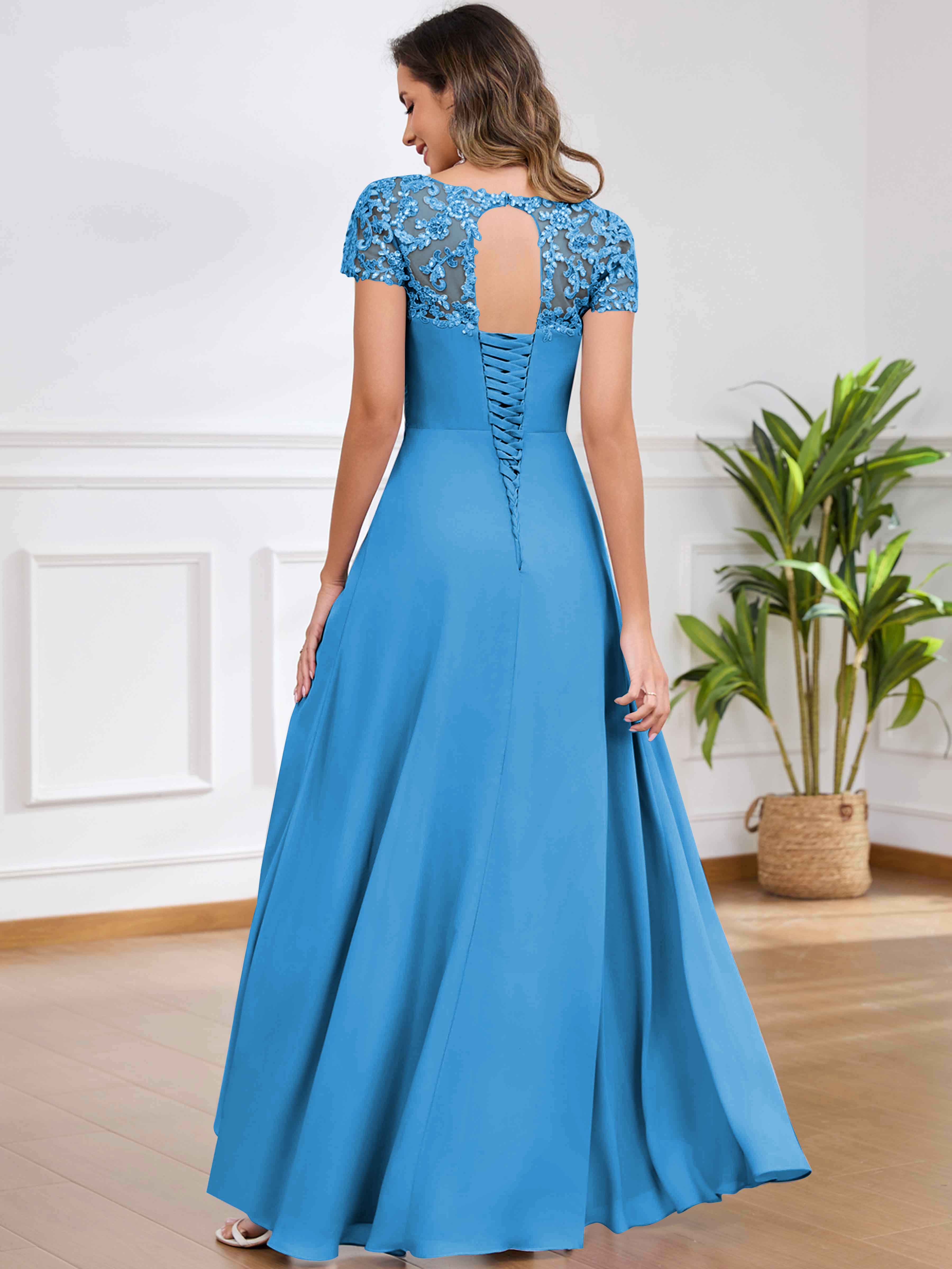 ROVDESY A-Line Pleated Lace Sequin Ruffle Chiffon Mother Of The Bride Dress With Slit