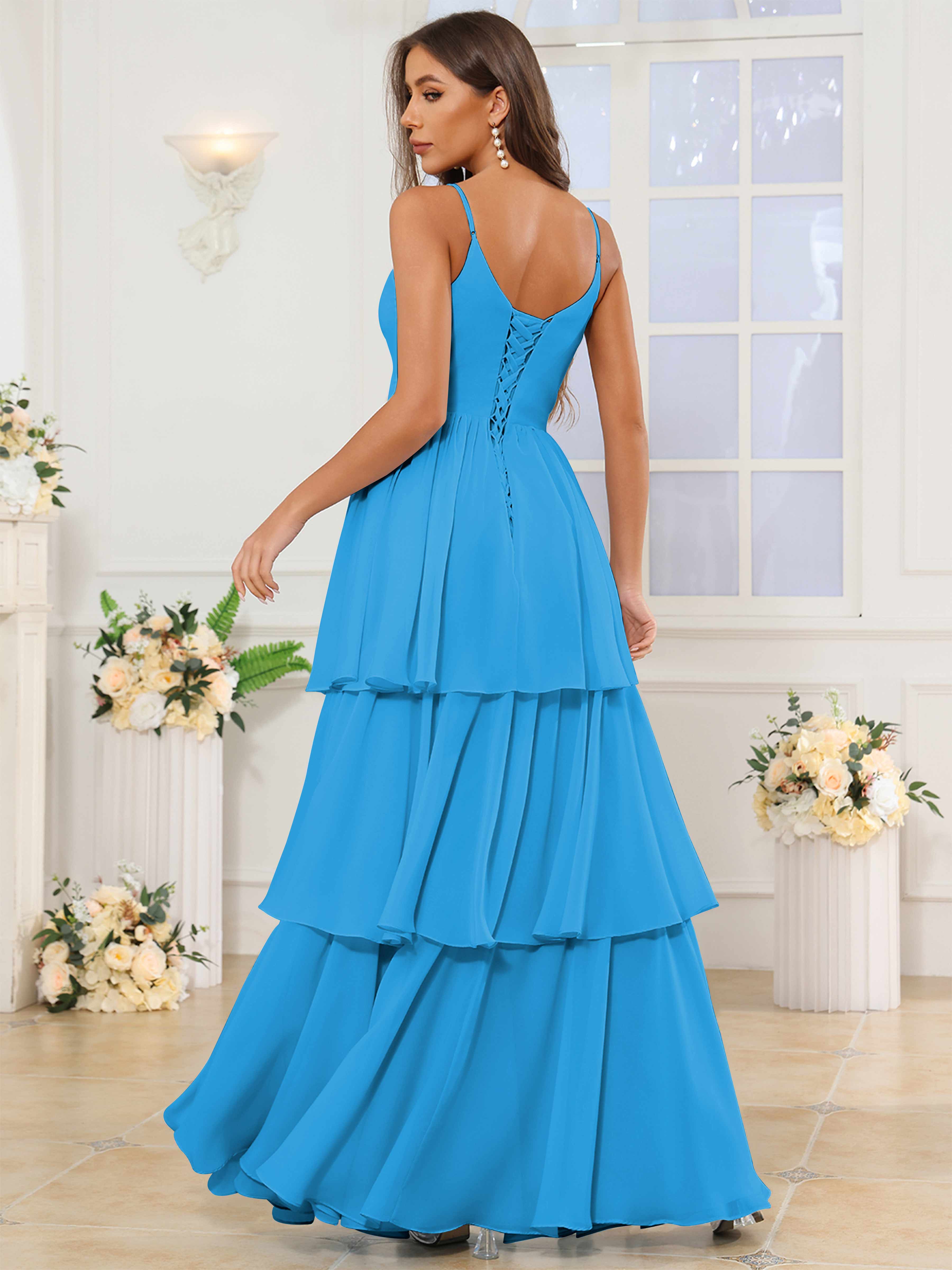 ROVDESY V-Neck Spaghetti Straps Tiered Chiffon Bridesmaid Dress With Ruffles