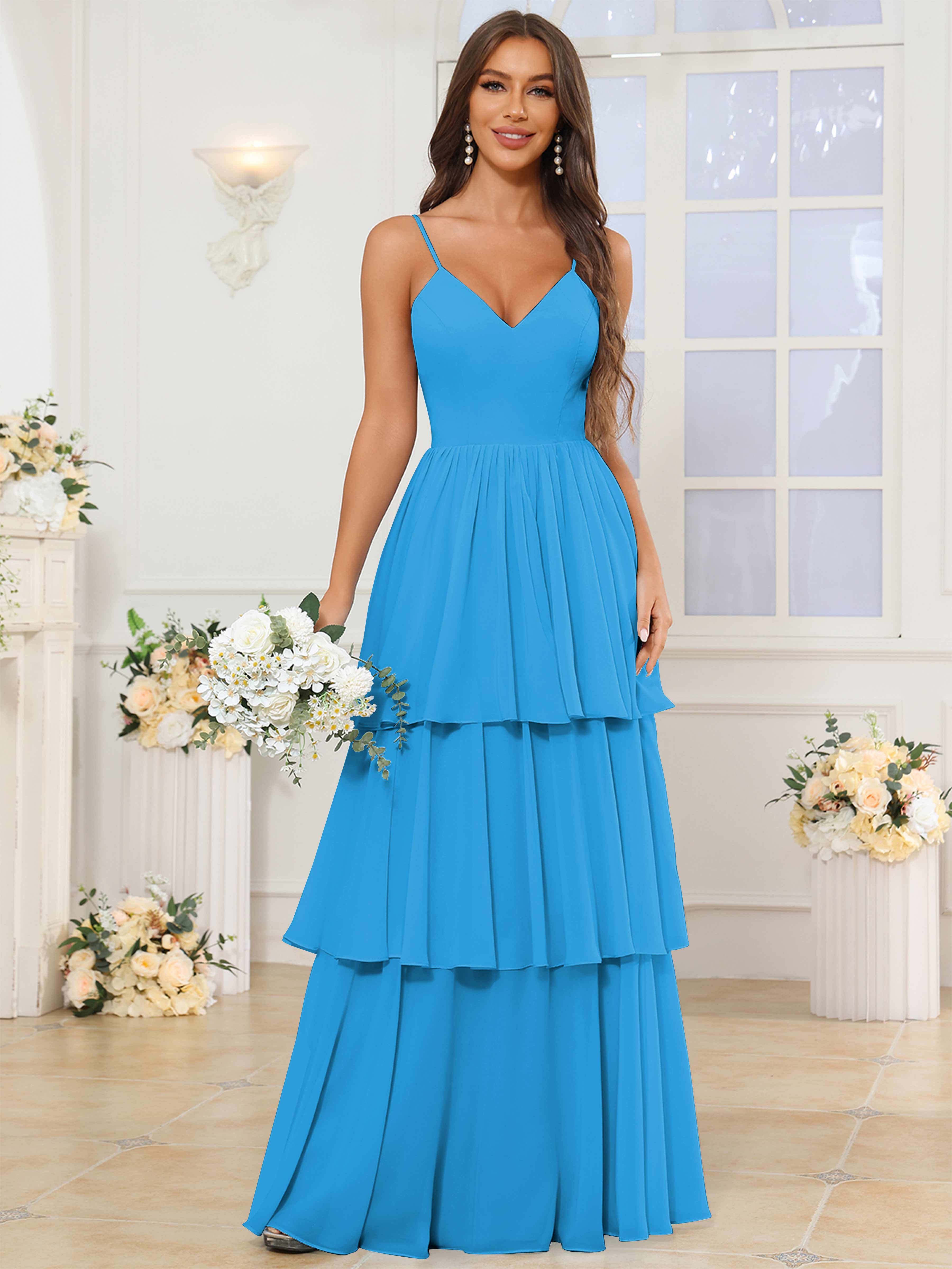 ROVDESY V-Neck Spaghetti Straps Tiered Chiffon Bridesmaid Dress With Ruffles