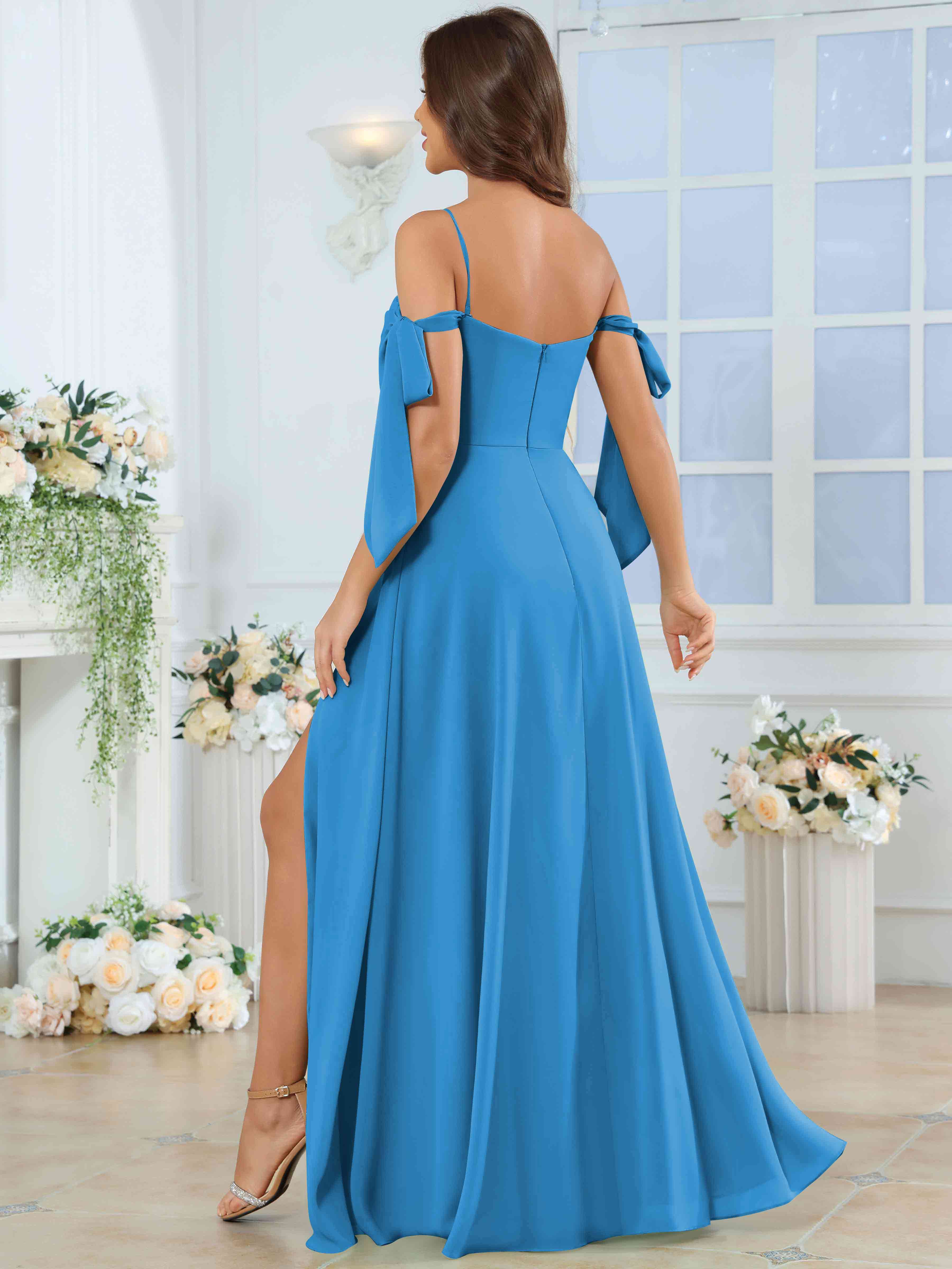 ROVDESY Spaghetti Strap Pleated Ruffle Slit Chiffon Bridesmaid Dress With Bow Sleeves