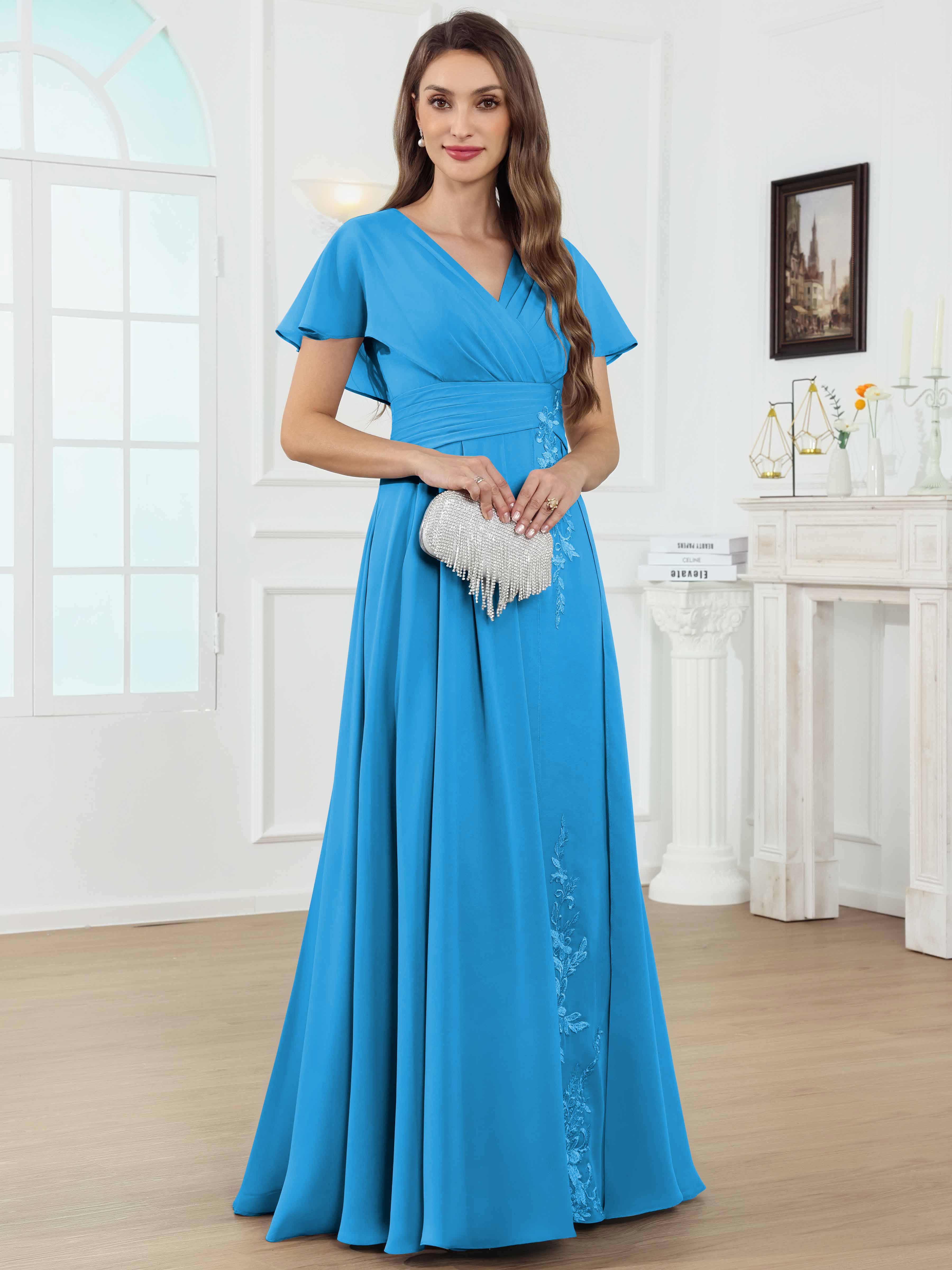 ROVDESY A-Line V-Neck Pleated Lace Chiffon Mother Of The Bride Dress With Short Sleeves