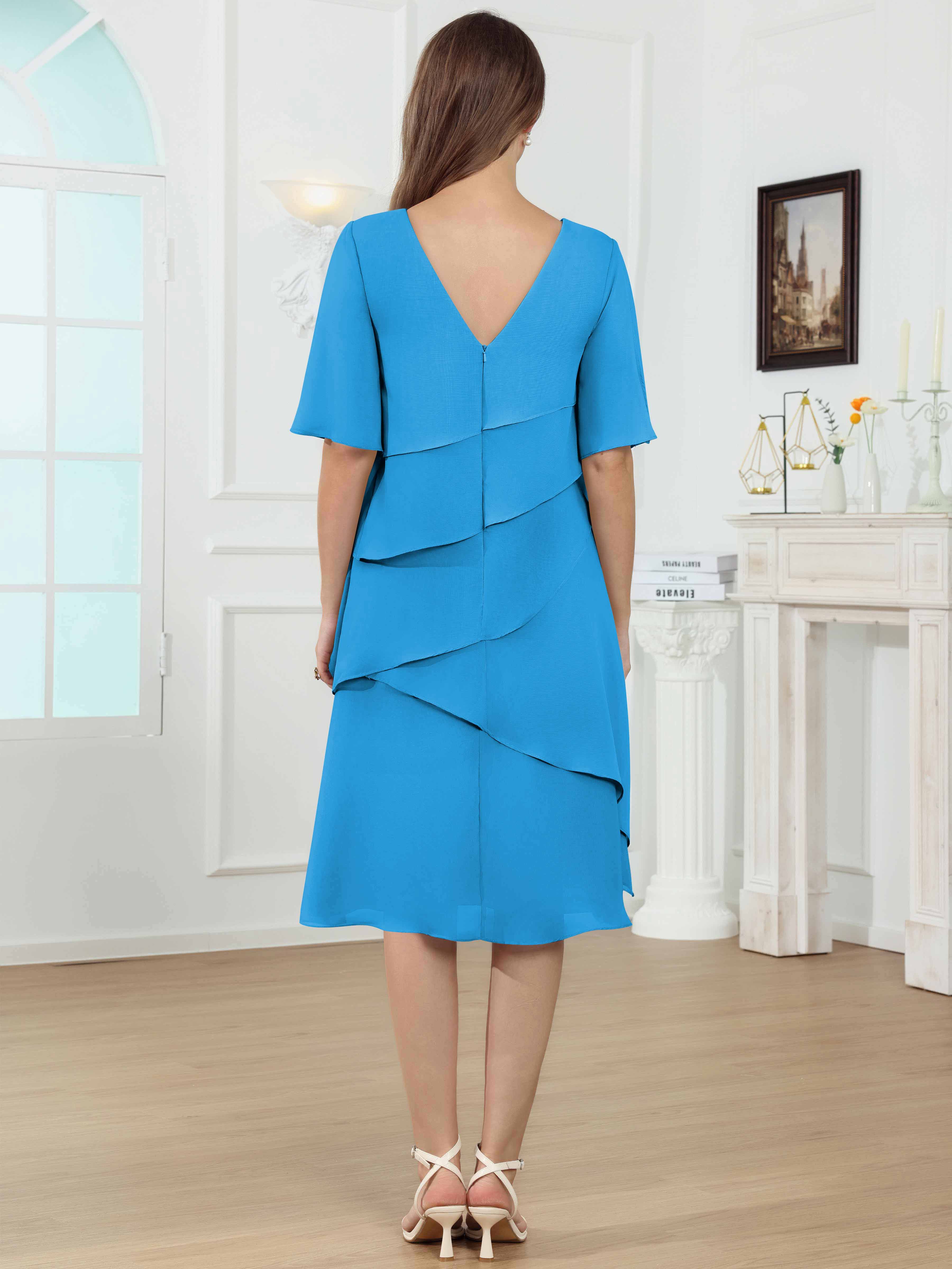 ROVDESY Knee Length Tiered Ruffle Chiffon Mother Of The Bride Dress With Half Sleeves