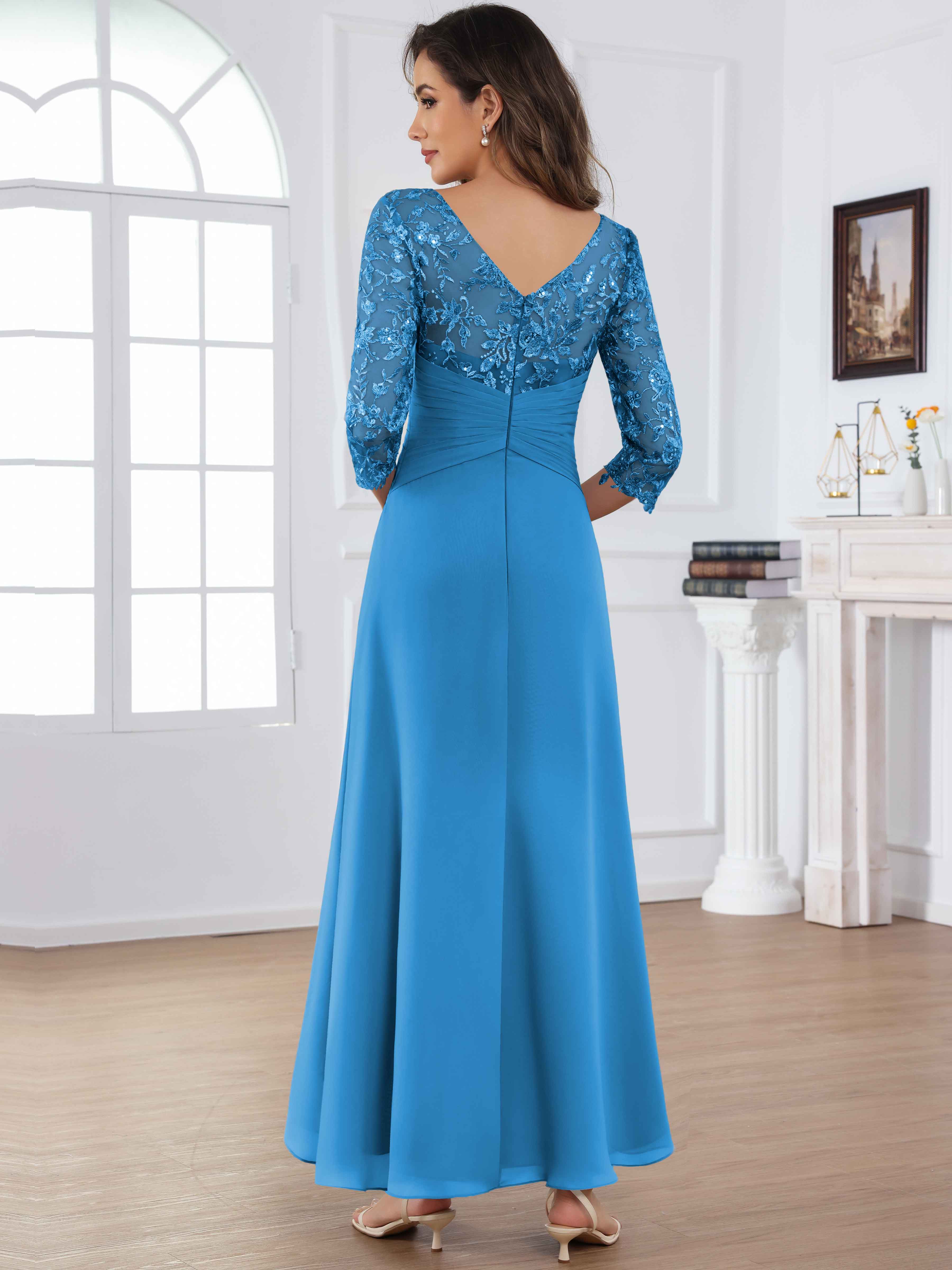 ROVDESY Tea Length Lace Chiffon Mother of The Bride Dress with 3/4 Sleeves